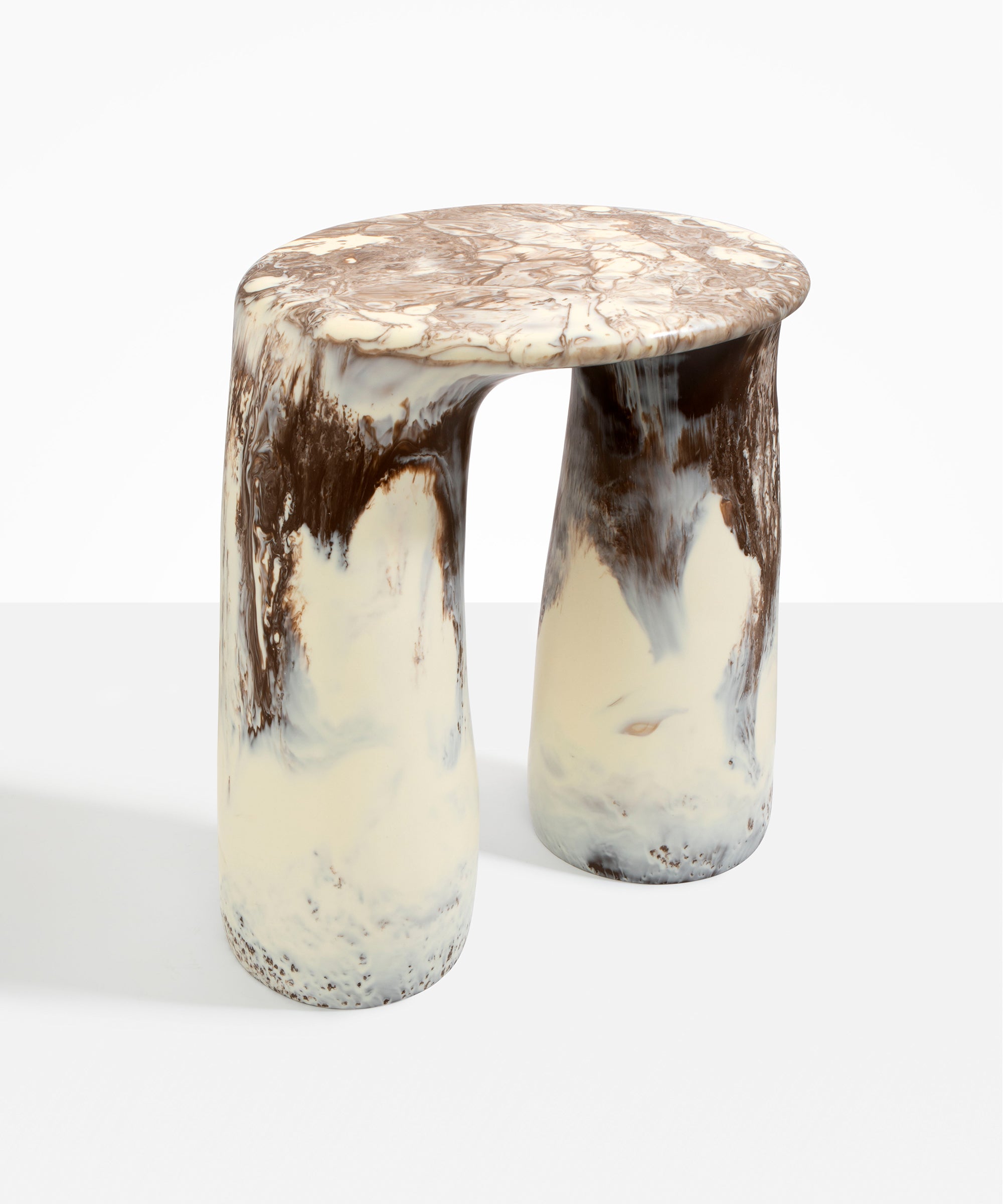 Dinosaur Designs Rock Tower Table in Cappuccino — handcrafted marbled brown and cream resin side table with oval top and two chunky rounded legs