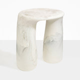 Dinosaur Designs Rock Tower Table in Chalk Swirl — handcrafted marbled off white and clear resin side table with oval top and two chunky rounded legs..