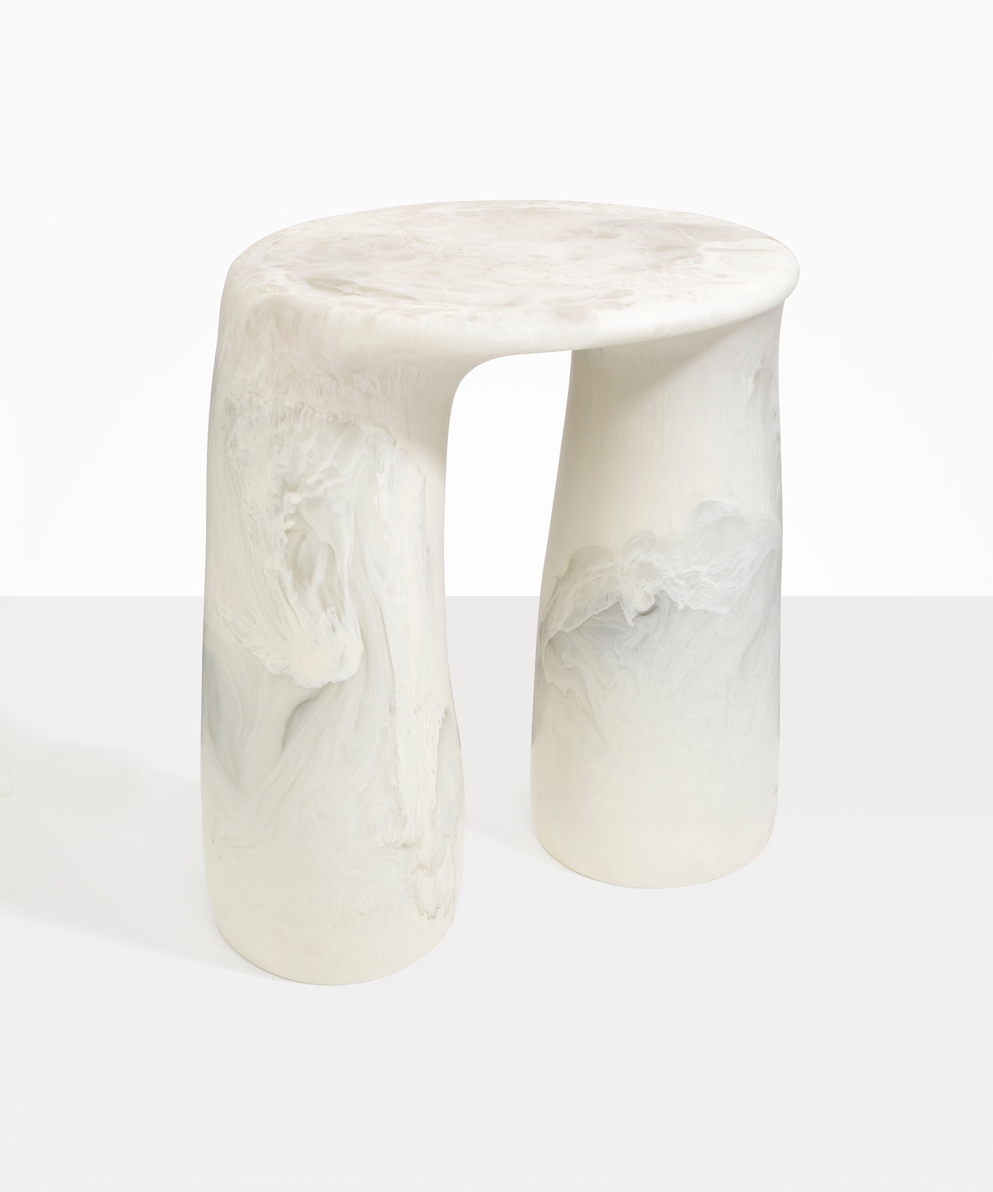 Dinosaur Designs Rock Tower Table in Chalk Swirl — handcrafted marbled off white and clear resin side table with oval top and two chunky rounded legs