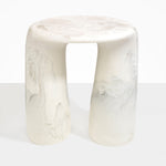 Dinosaur Designs Rock Tower Table in Chalk Swirl — handcrafted marbled off white and clear resin side table with oval top and two chunky rounded legs..