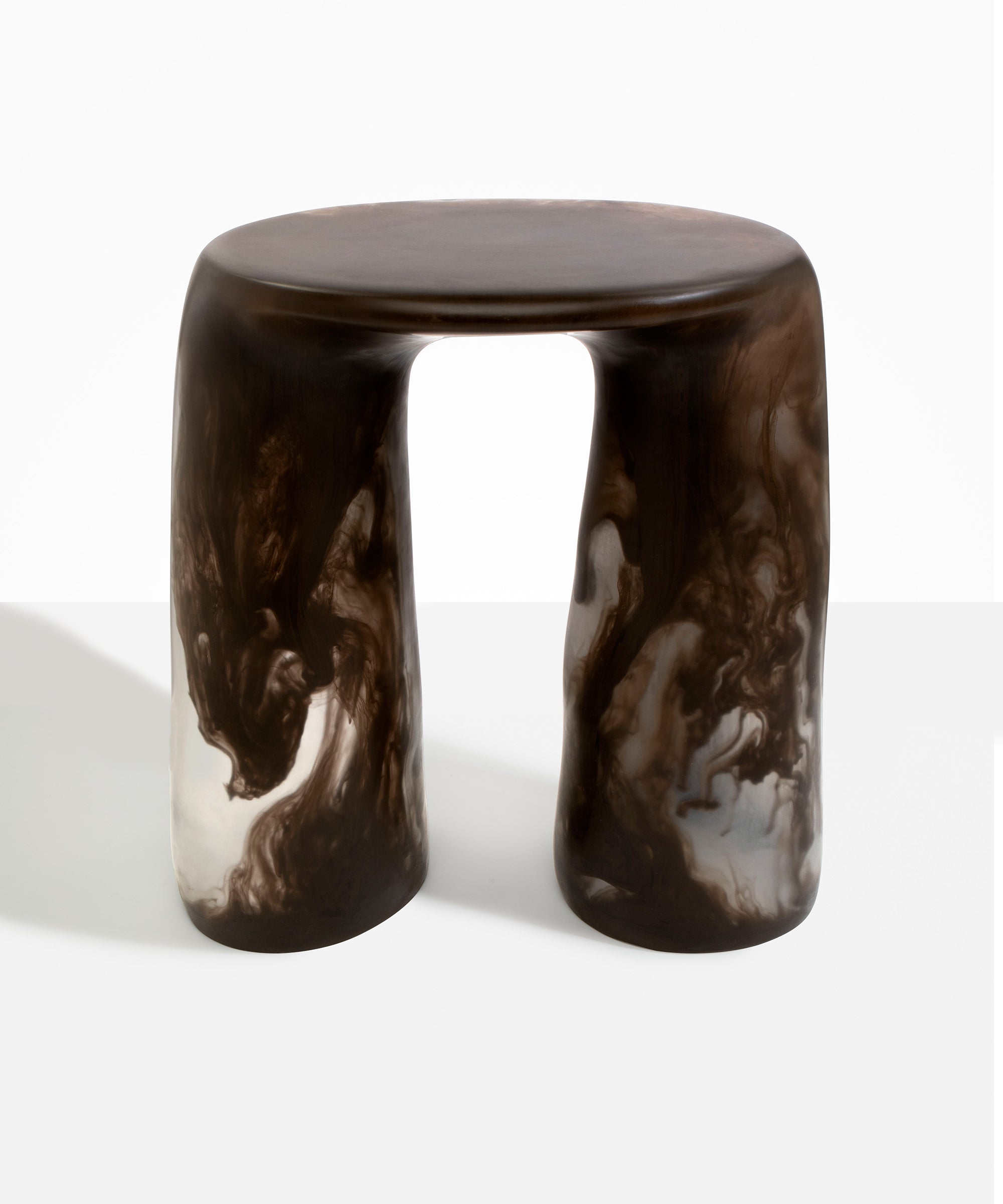 Dinosaur Designs Rock Tower Table in Cocoa — handcrafted marbled brown and clear resin side table with oval top and two chunky rounded legs