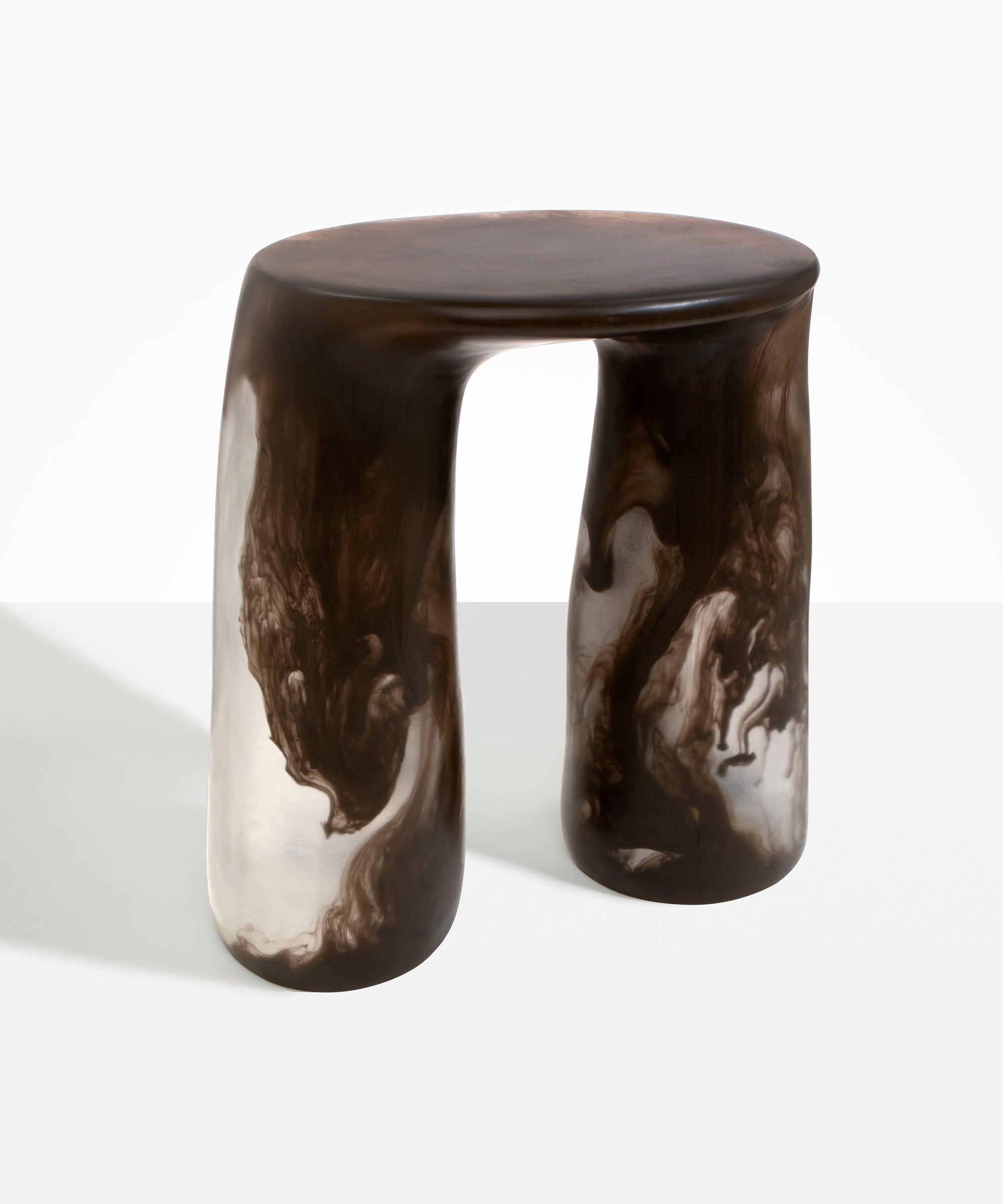 Dinosaur Designs Rock Tower Table in Cocoa — handcrafted marbled brown and clear resin side table with oval top and two chunky rounded legs
