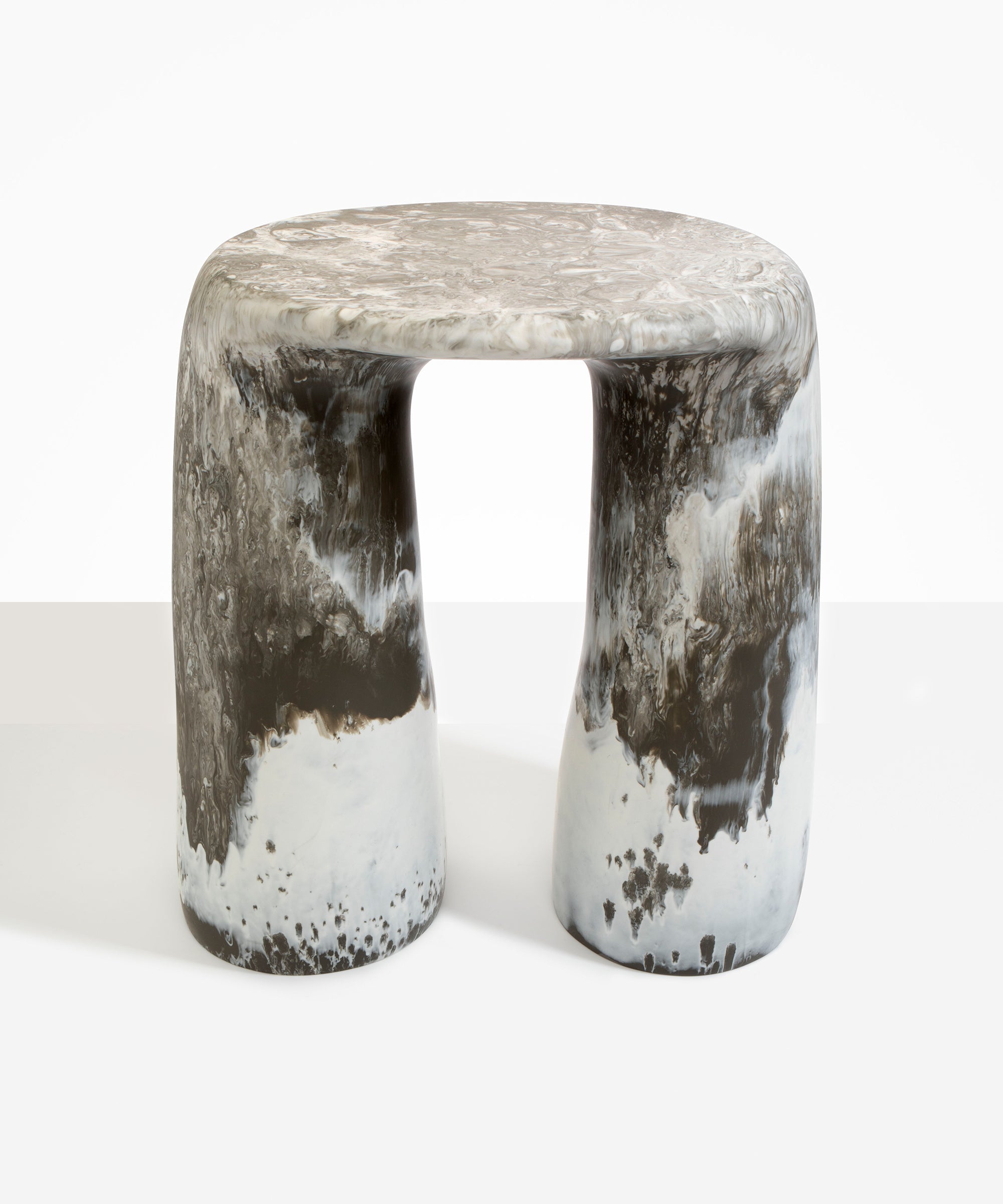 Dinosaur Designs Rock Tower Table in Granite — handcrafted marbled grey and white resin side table with oval top and two chunky rounded legs..