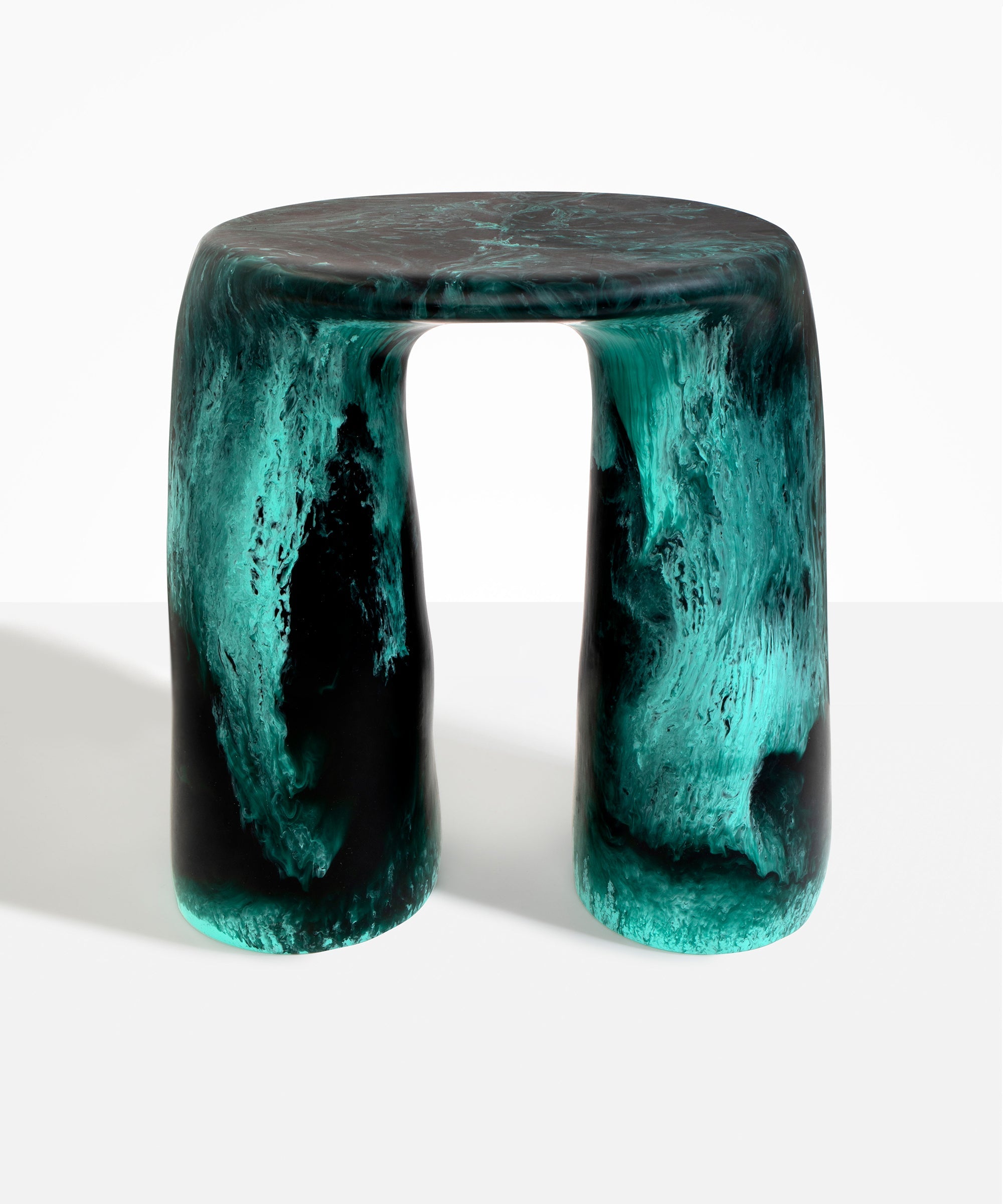 Dinosaur Designs Rock Tower Table in Lichen — handcrafted marbled teal and black resin side table with oval top and two chunky rounded legs