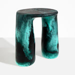 Dinosaur Designs Rock Tower Table in Lichen — handcrafted marbled teal and black resin side table with oval top and two chunky rounded legs