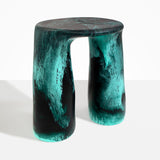 Dinosaur Designs Rock Tower Table in Lichen — handcrafted marbled teal and black resin side table with oval top and two chunky rounded legs