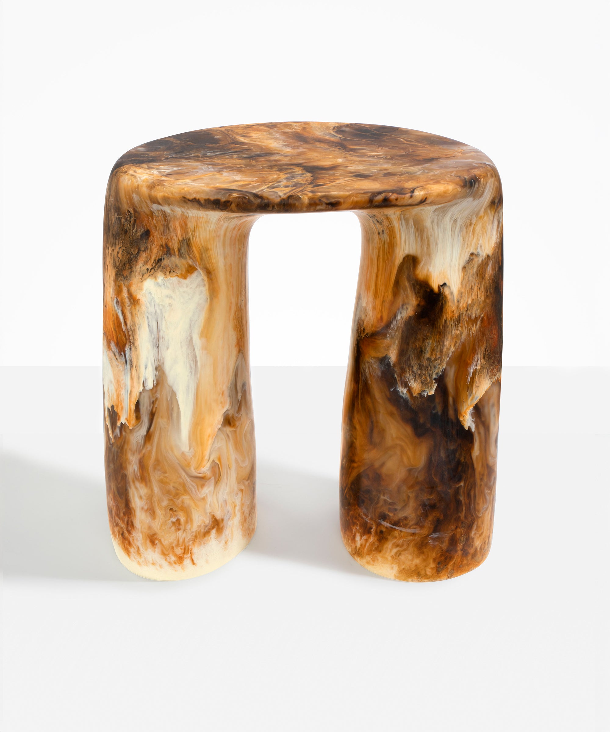 Dinosaur Designs Rock Tower Table in Light Horn — handcrafted marbled brown, cream and clear resin side table with oval top and two chunky rounded legs