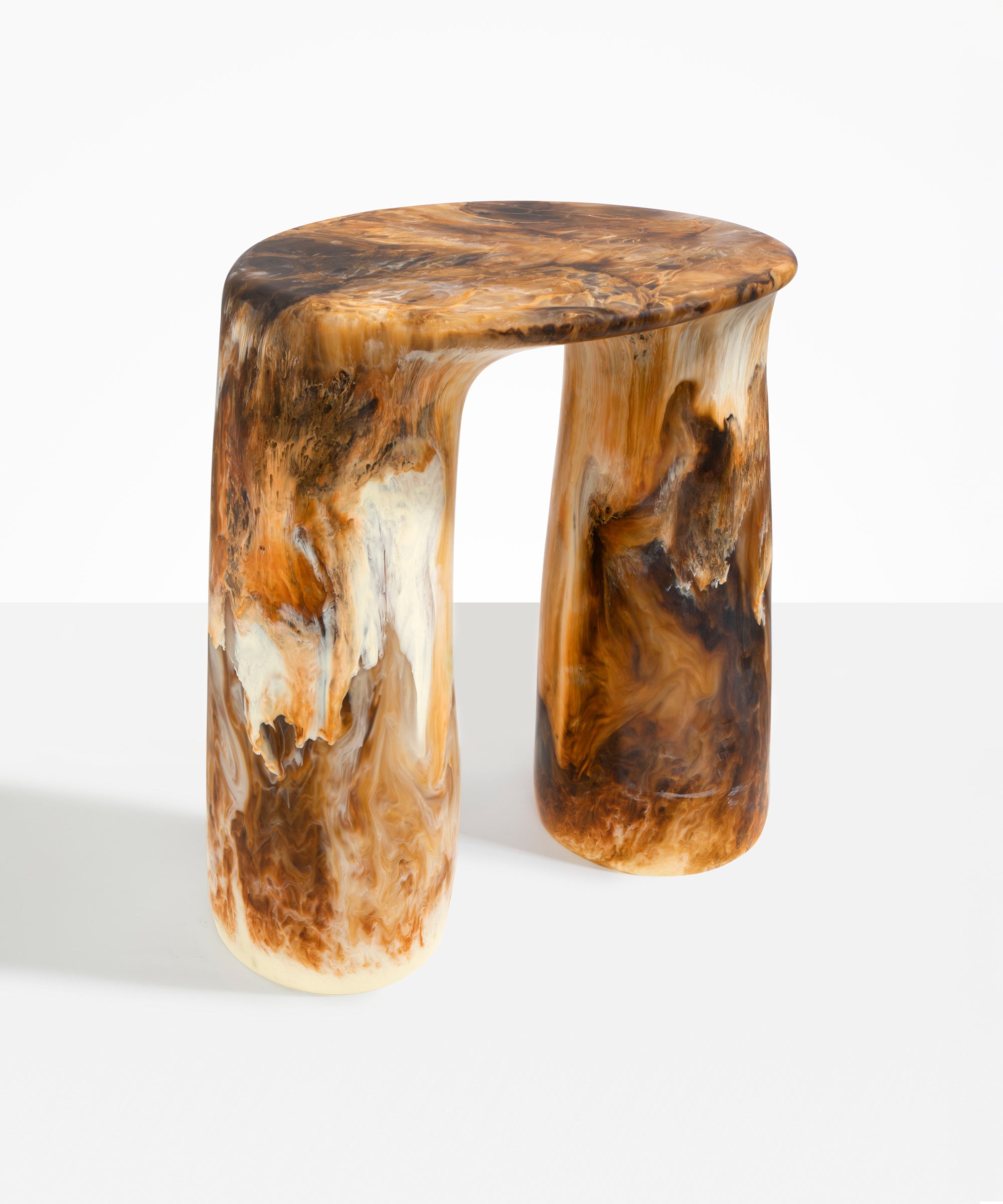 Dinosaur Designs Rock Tower Table in Light Horn — handcrafted marbled brown, cream and clear resin side table with oval top and two chunky rounded legs