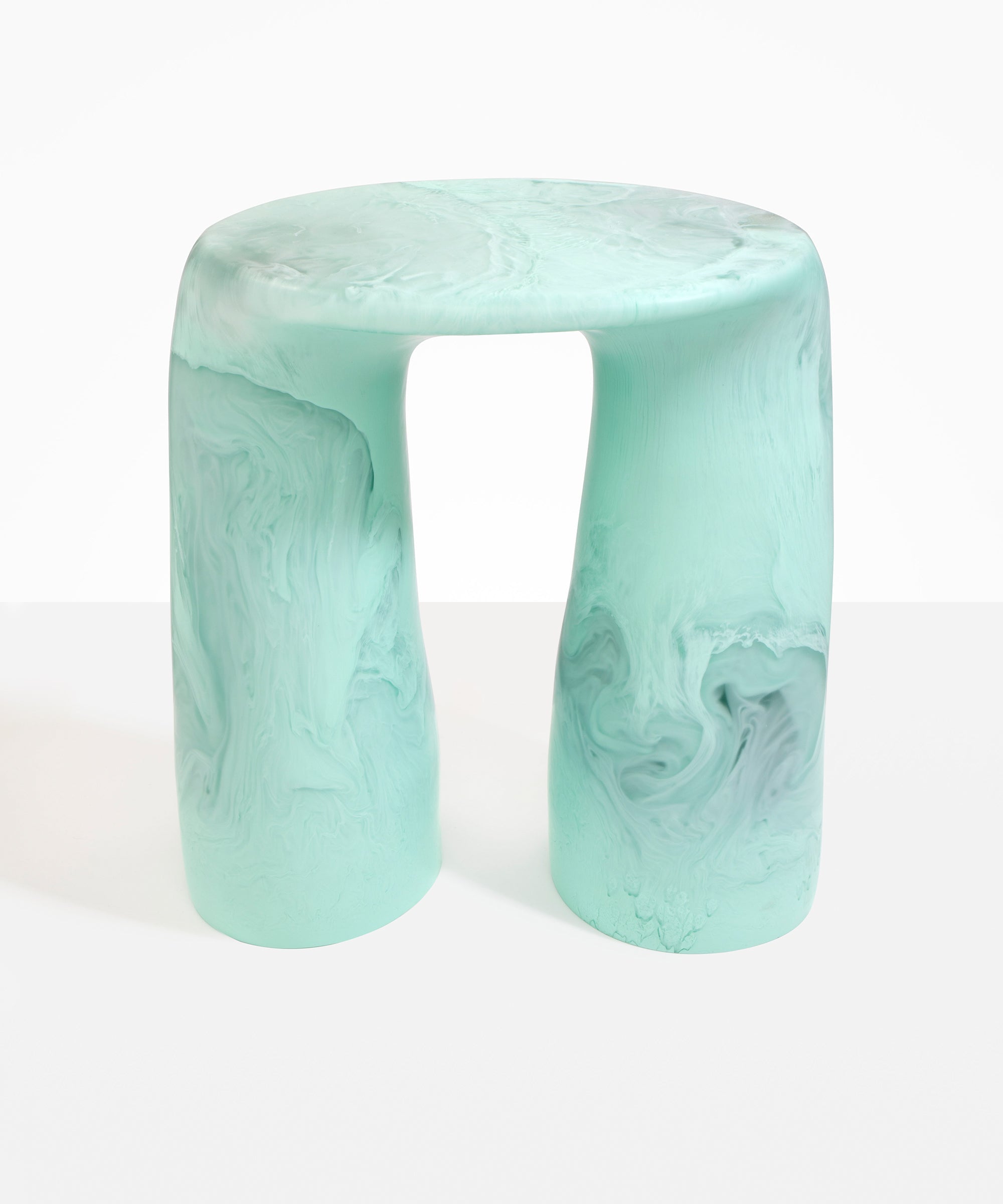Dinosaur Designs Rock Tower Table in Mint — handcrafted marbled green blue resin side table with oval top and two chunky rounded legs