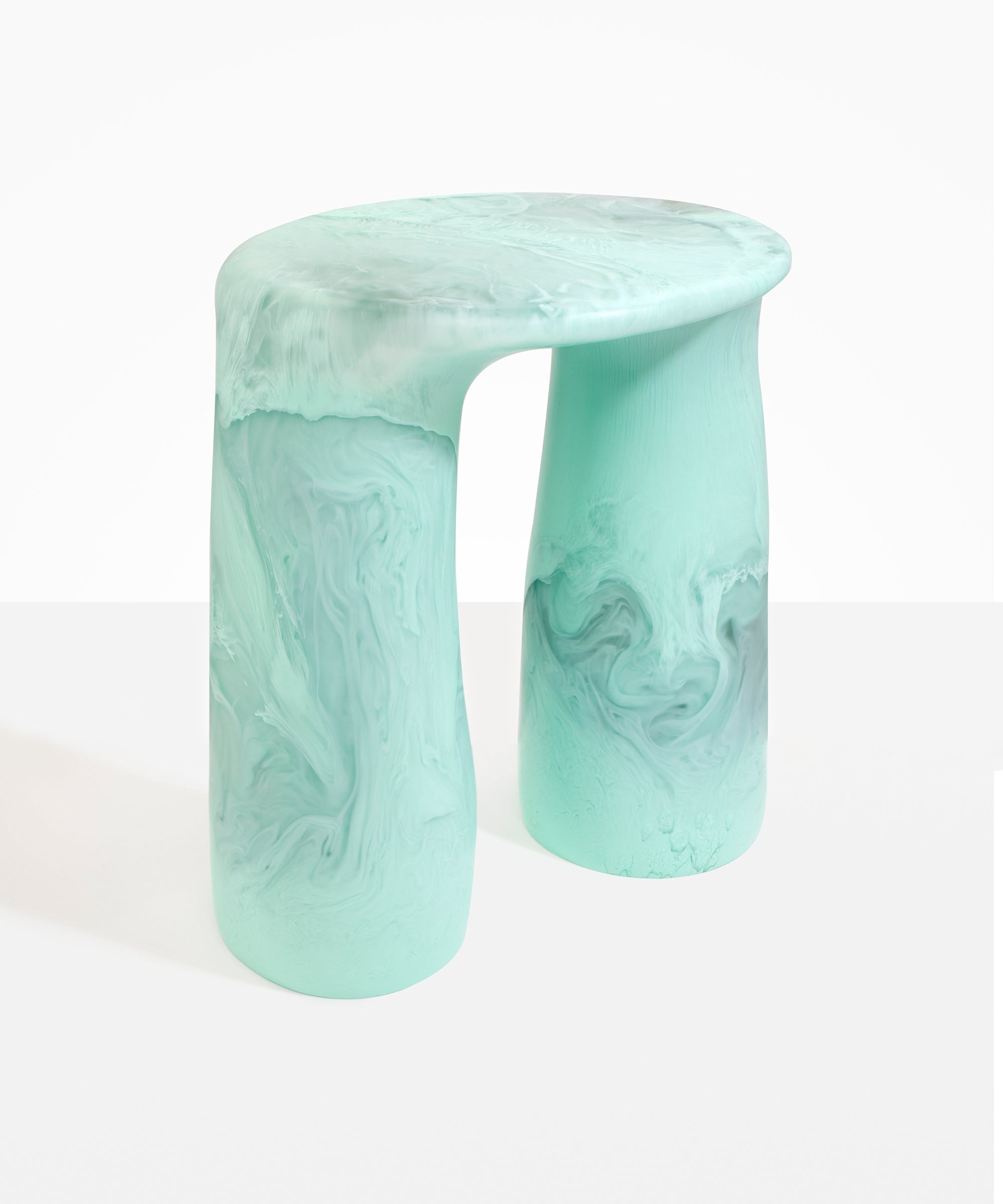 Dinosaur Designs Rock Tower Table in Mint — handcrafted marbled green blue resin side table with oval top and two chunky rounded legs