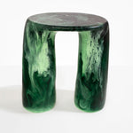 Dinosaur Designs Rock Tower Table in Moss — handcrafted marbled green resin side table with oval top and two chunky rounded legs
