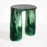 Dinosaur Designs Rock Tower Table in Moss — handcrafted marbled green resin side table with oval top and two chunky rounded legs