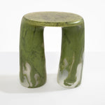 Dinosaur Designs Rock Tower Table in Olive — handcrafted marbled green resin side table with oval top and two chunky rounded legs