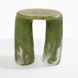 Dinosaur Designs Rock Tower Table in Olive — handcrafted marbled green resin side table with oval top and two chunky rounded legs