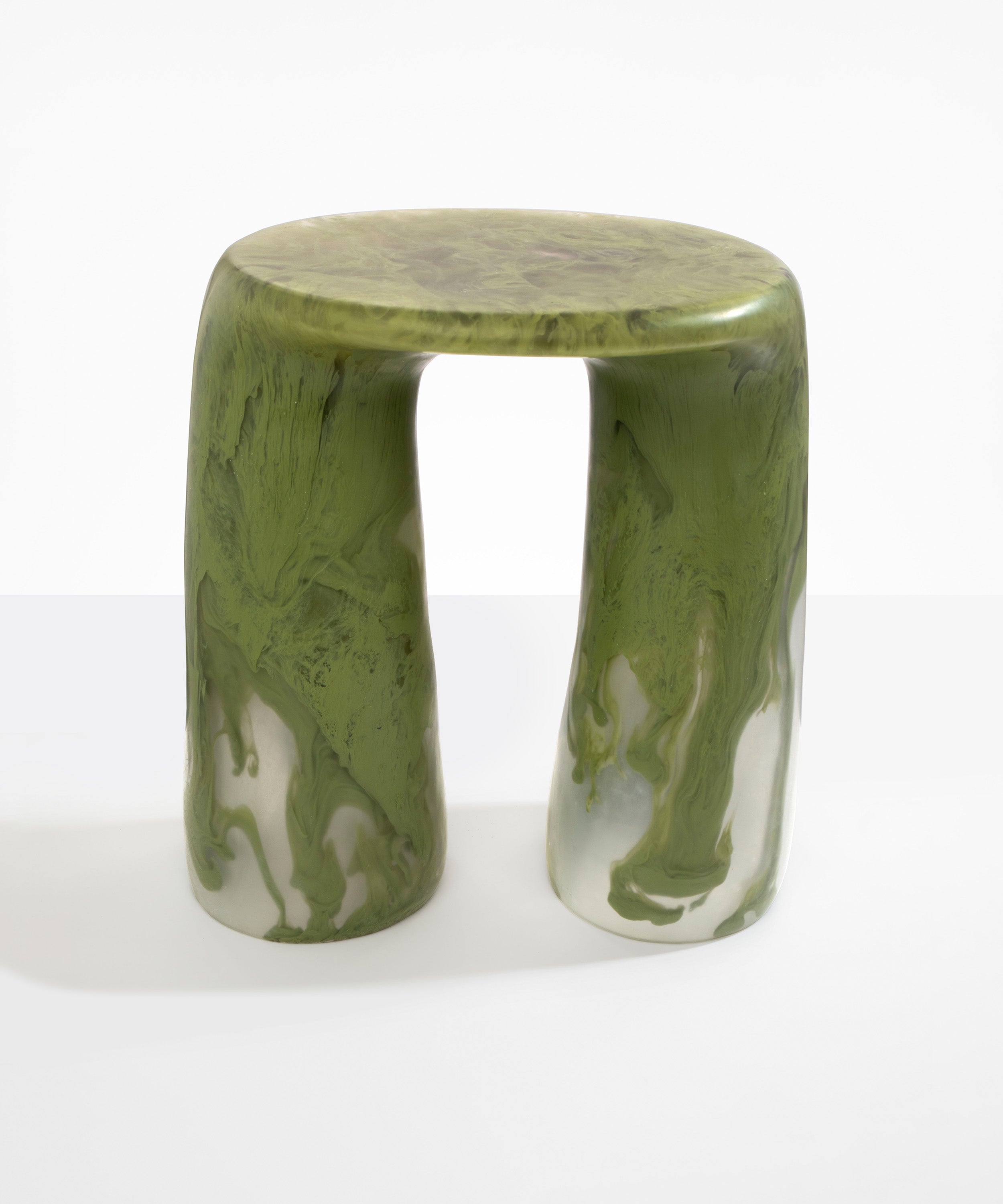 Dinosaur Designs Rock Tower Table in Olive — handcrafted marbled green resin side table with oval top and two chunky rounded legs