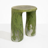 Dinosaur Designs Rock Tower Table in Olive — handcrafted marbled green resin side table with oval top and two chunky rounded legs