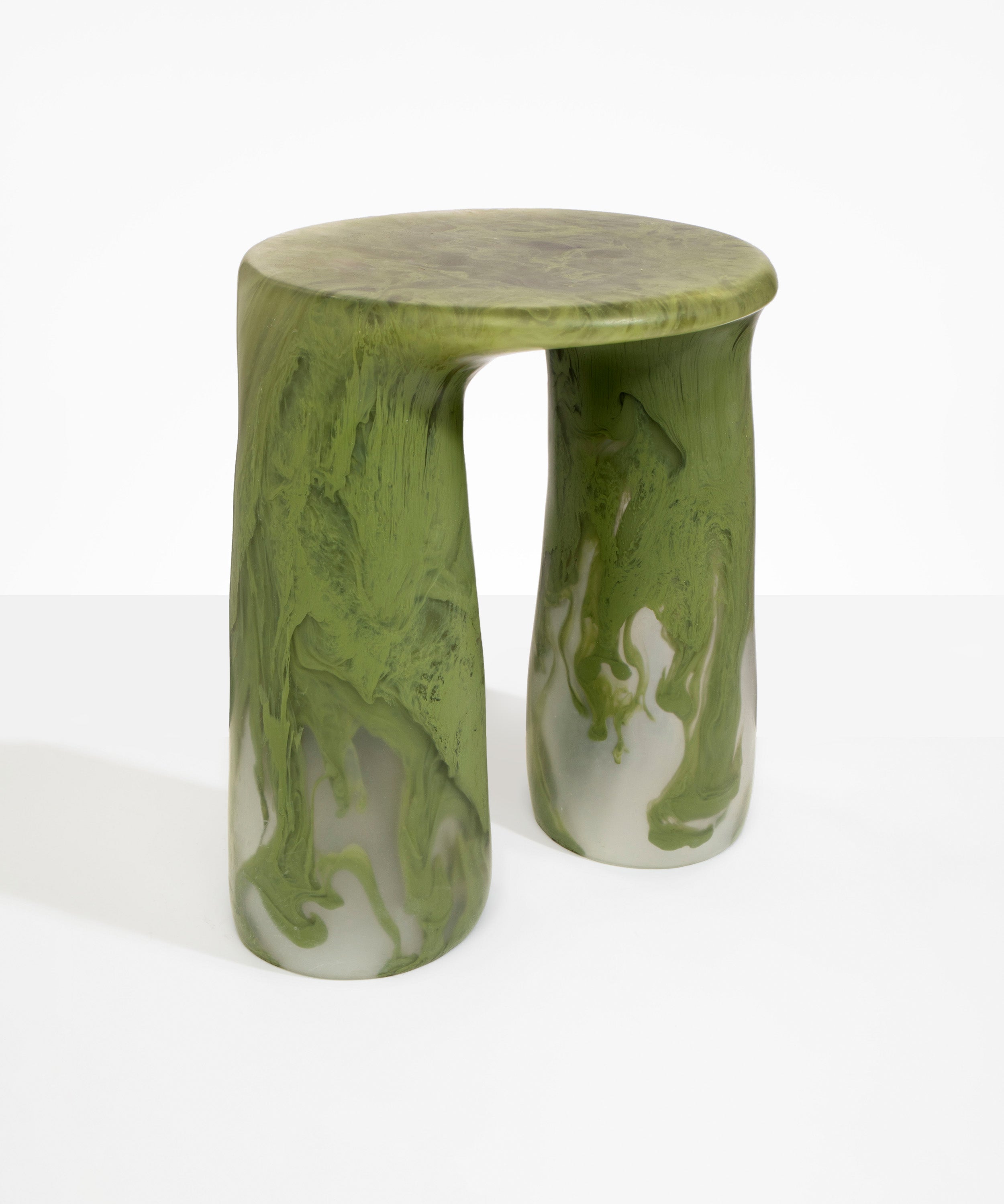 Dinosaur Designs Rock Tower Table in Olive — handcrafted marbled green resin side table with oval top and two chunky rounded legs