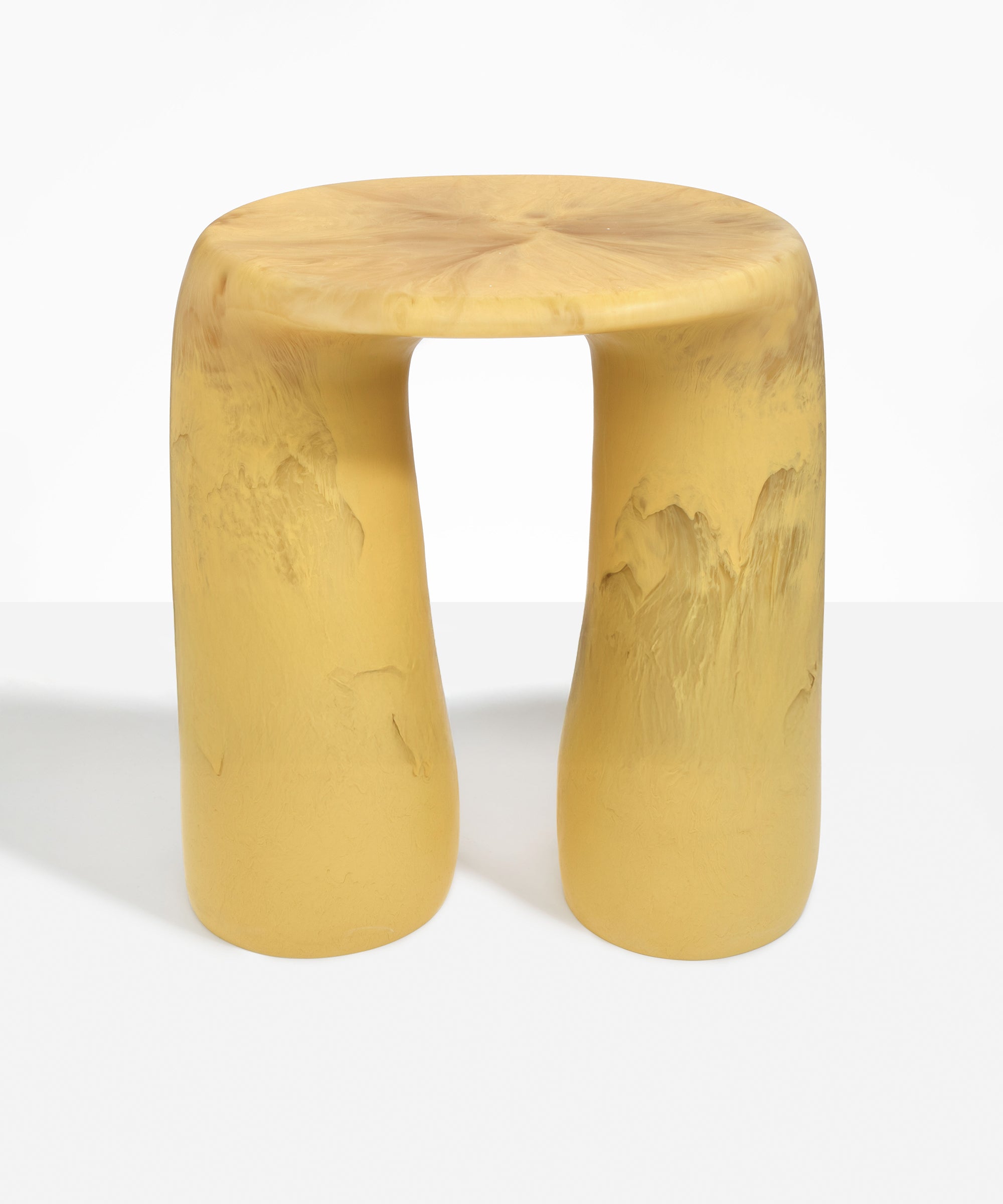 Dinosaur Designs Rock Tower Table in Pollen — handcrafted marbled yellow and clear resin side table with oval top and two chunky rounded legs