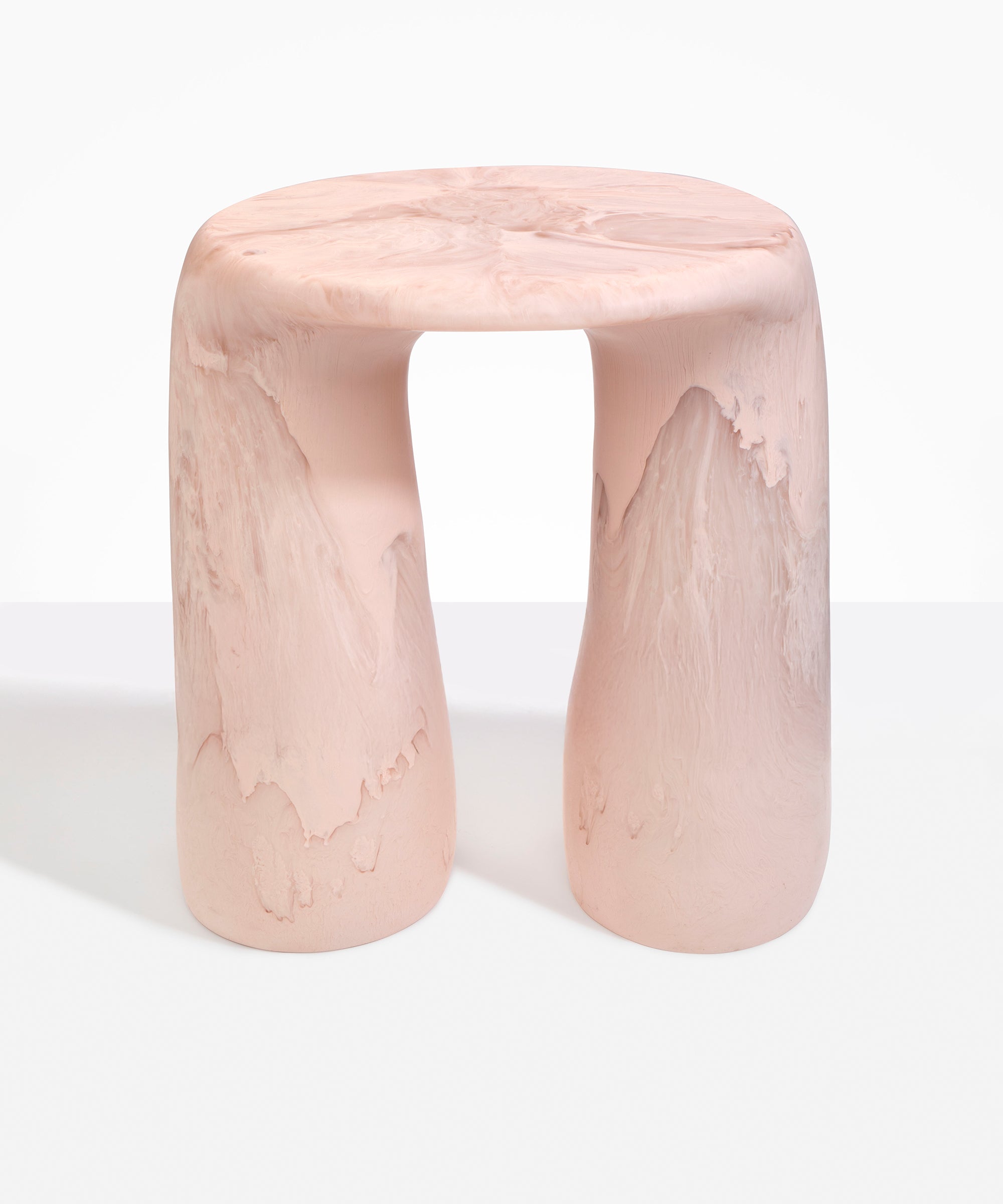 Dinosaur Designs Rock Tower Table in Rose Swirl — handcrafted marbled pink resin side table with oval top and chunky rounded legs