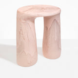 Dinosaur Designs Rock Tower Table in Rose Swirl — handcrafted marbled pink resin side table with oval top and chunky rounded legs