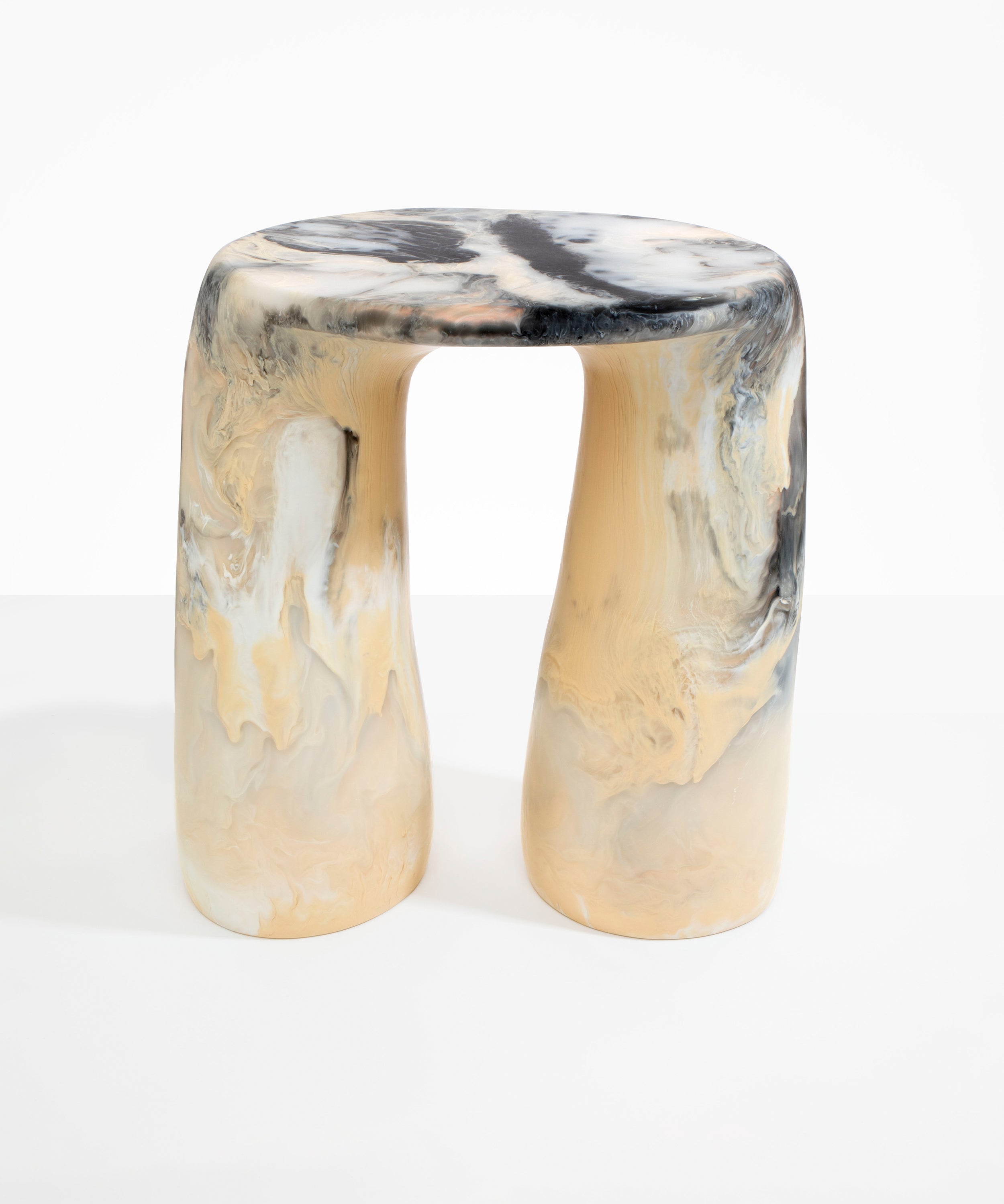 Dinosaur Designs Rock Tower Table in Sandy Pearl — handcrafted marbled beige, grey and pearlescent side table with oval top and two chunky rounded legs