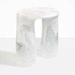 Dinosaur Designs Rock Tower Table in Snow Swirl — handcrafted marbled white and clear resin side table with oval top and two chunky rounded legs