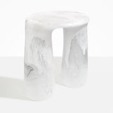 Dinosaur Designs Rock Tower Table in Snow Swirl — handcrafted marbled white and clear resin side table with oval top and two chunky rounded legs