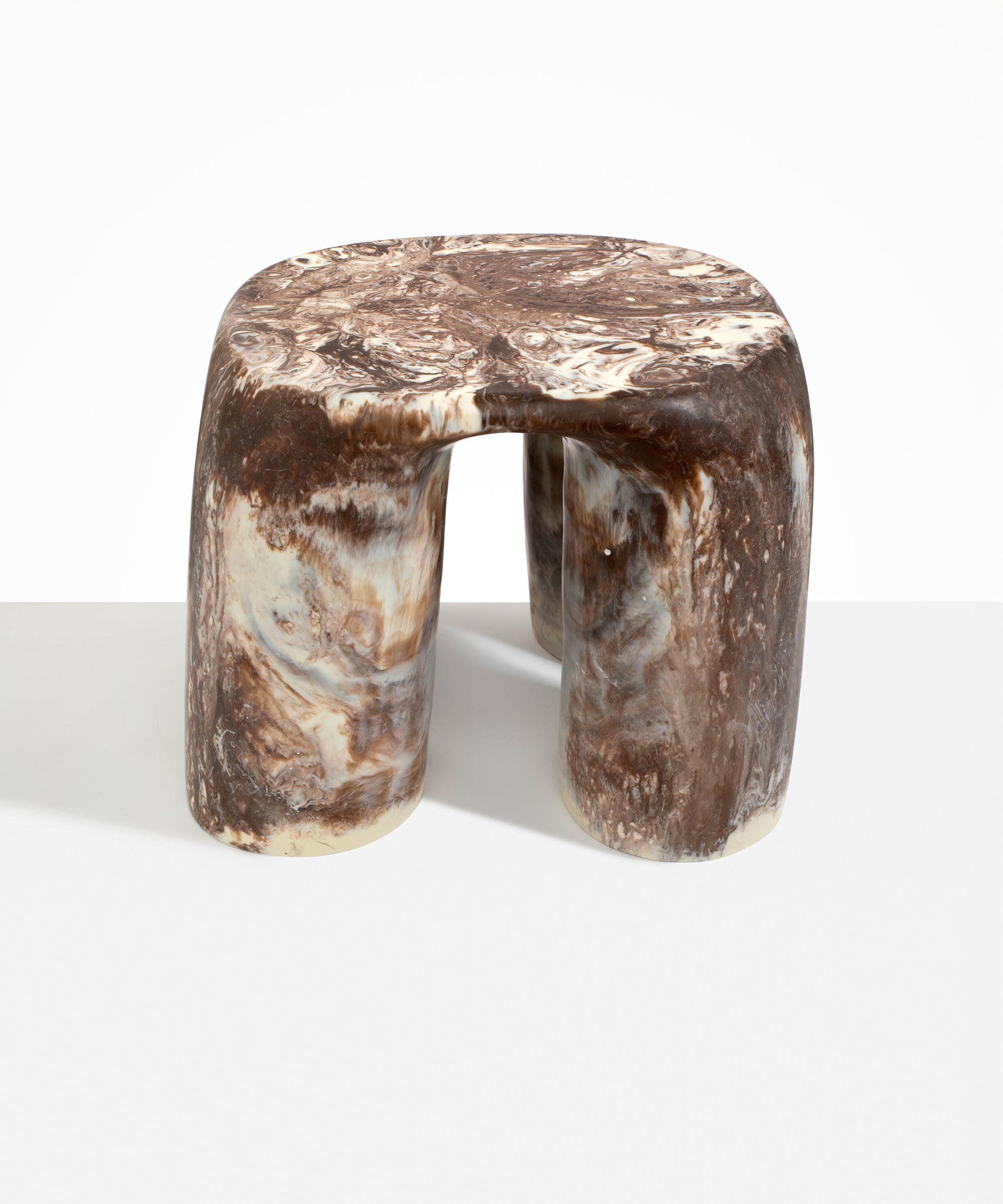 Dinosaur Designs 4-Leg Rock Tower Table in Cappuccino — handcrafted marbled brown and cream resin side table with square top and four chunky rounded legs