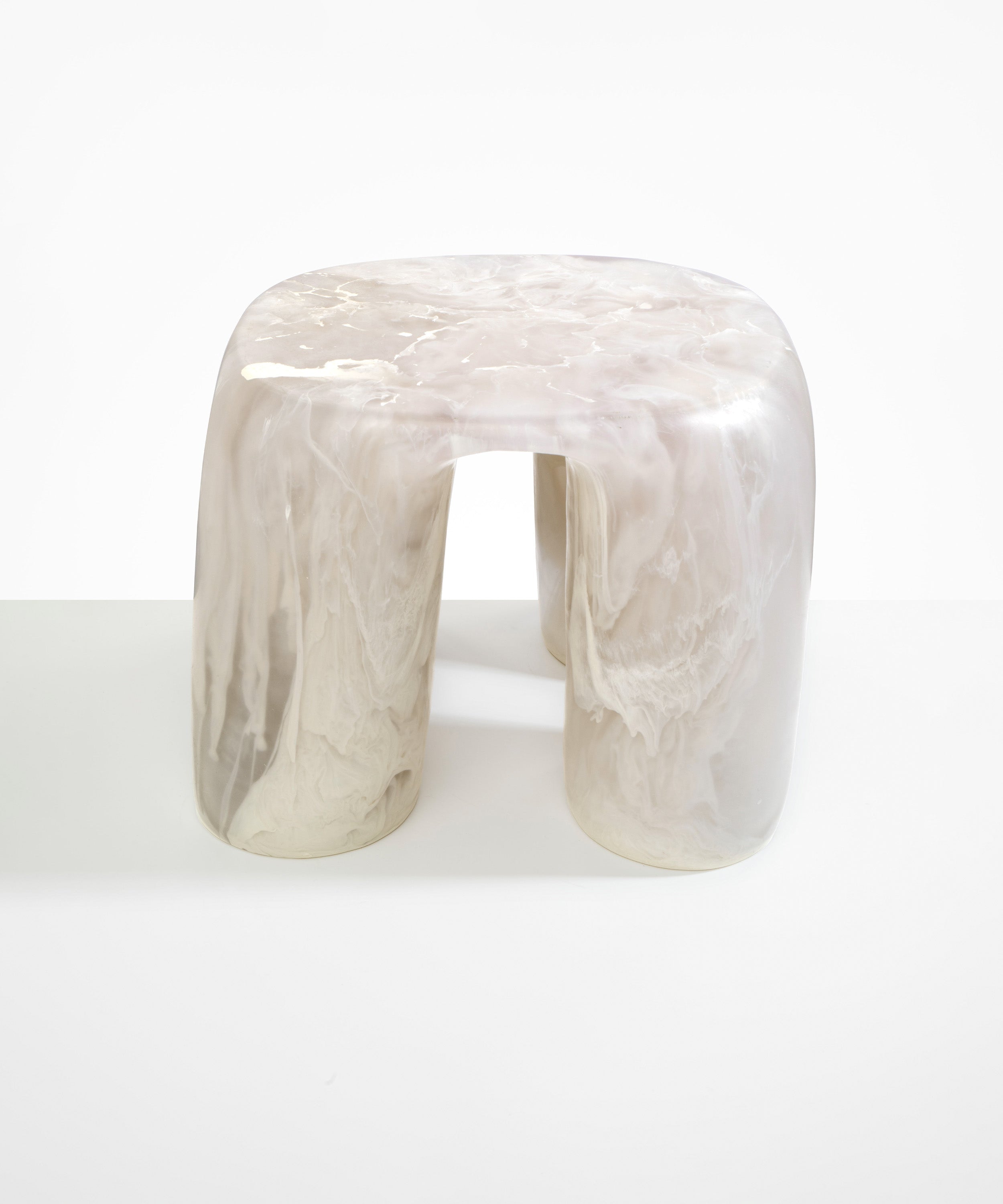 Dinosaur Designs 4-Leg Rock Tower Table in Chalk Swirl — handcrafted marbled off white and clear resin side table with square top and four chunky rounded legs