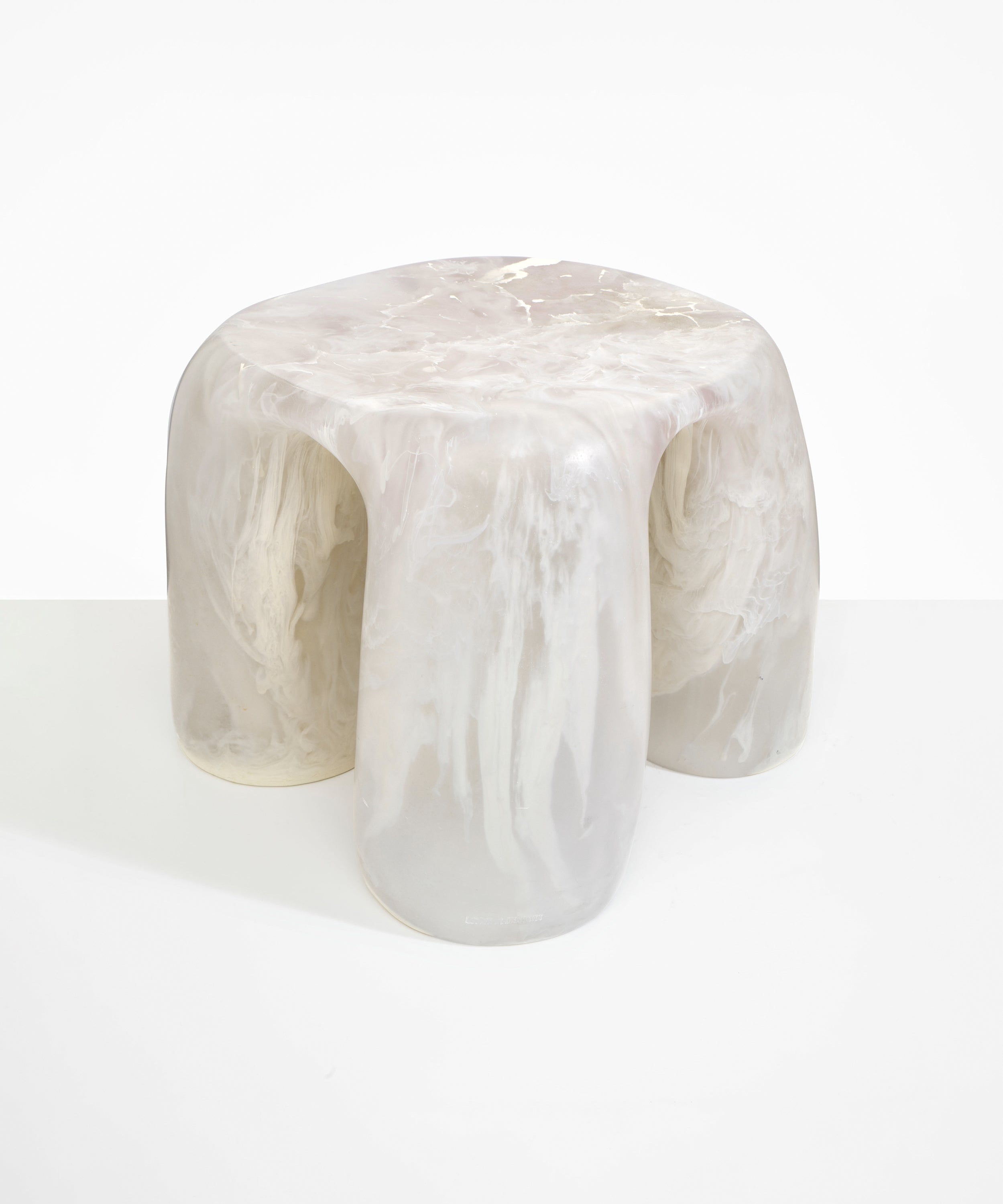 Dinosaur Designs 4-Leg Rock Tower Table in Chalk Swirl — handcrafted marbled off white and clear resin side table with square top and four chunky rounded legs..
