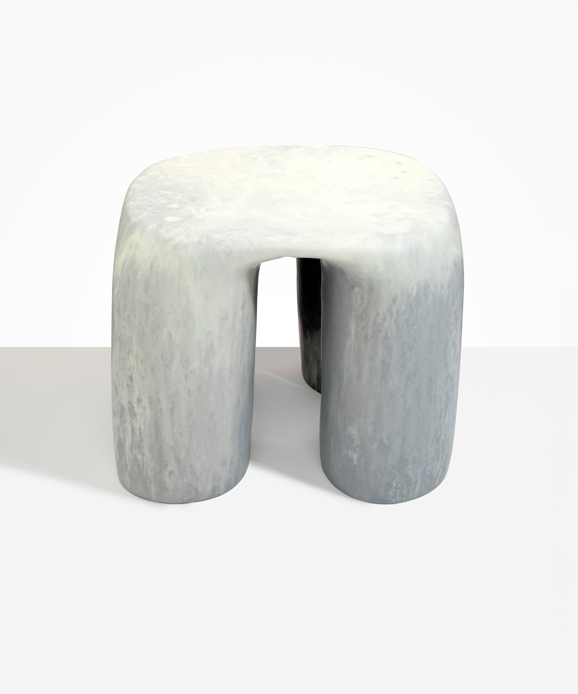 Dinosaur Designs 4-Leg Rock Tower Table in Cloud — handcrafted marbled grey and cream resin side table with square top and four chunky rounded legs
