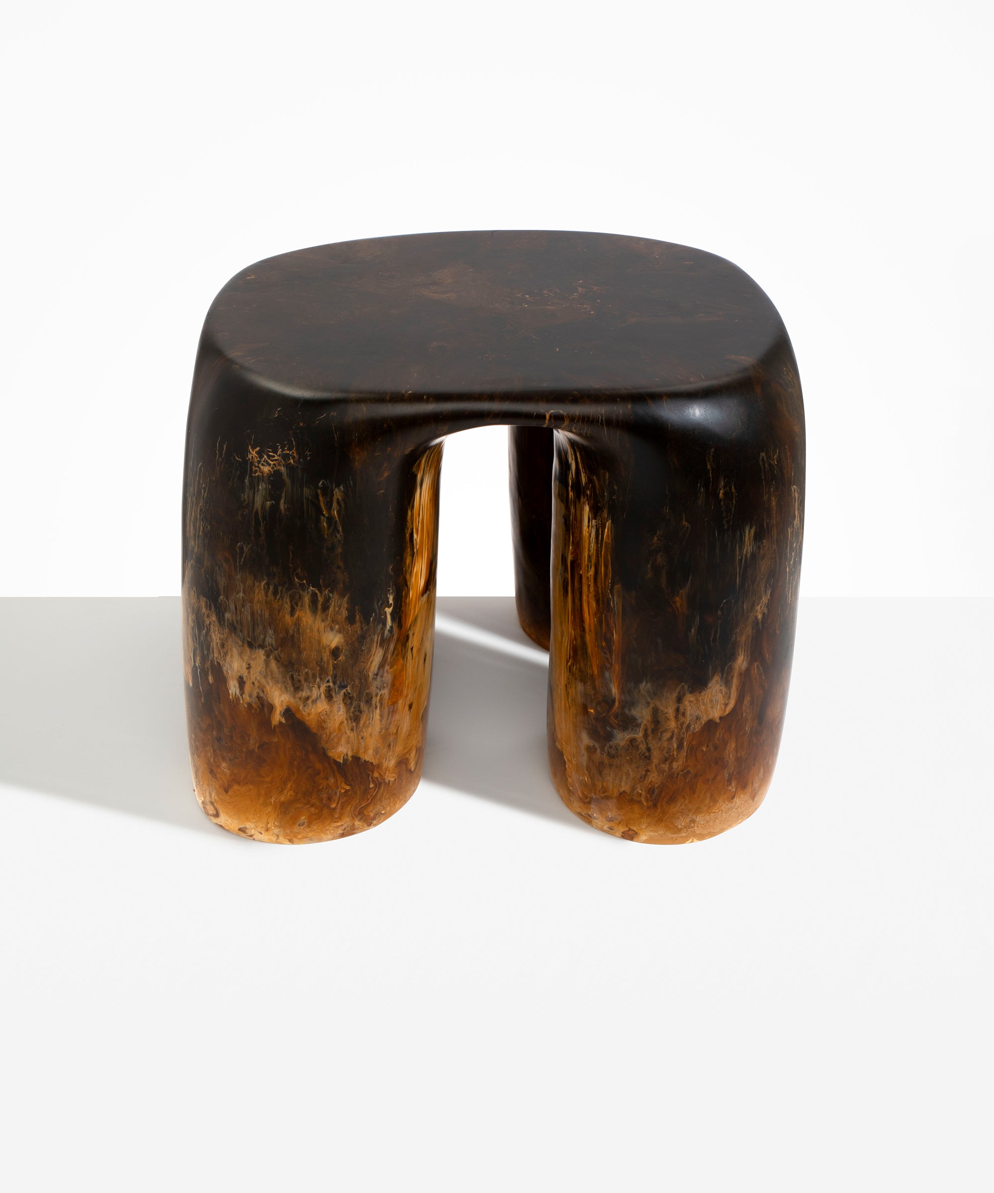 Dinosaur Designs 4-Leg Rock Tower Table in Dark Horn — handcrafted marbled brown, black and gold resin side table with square top and four chunky rounded legs