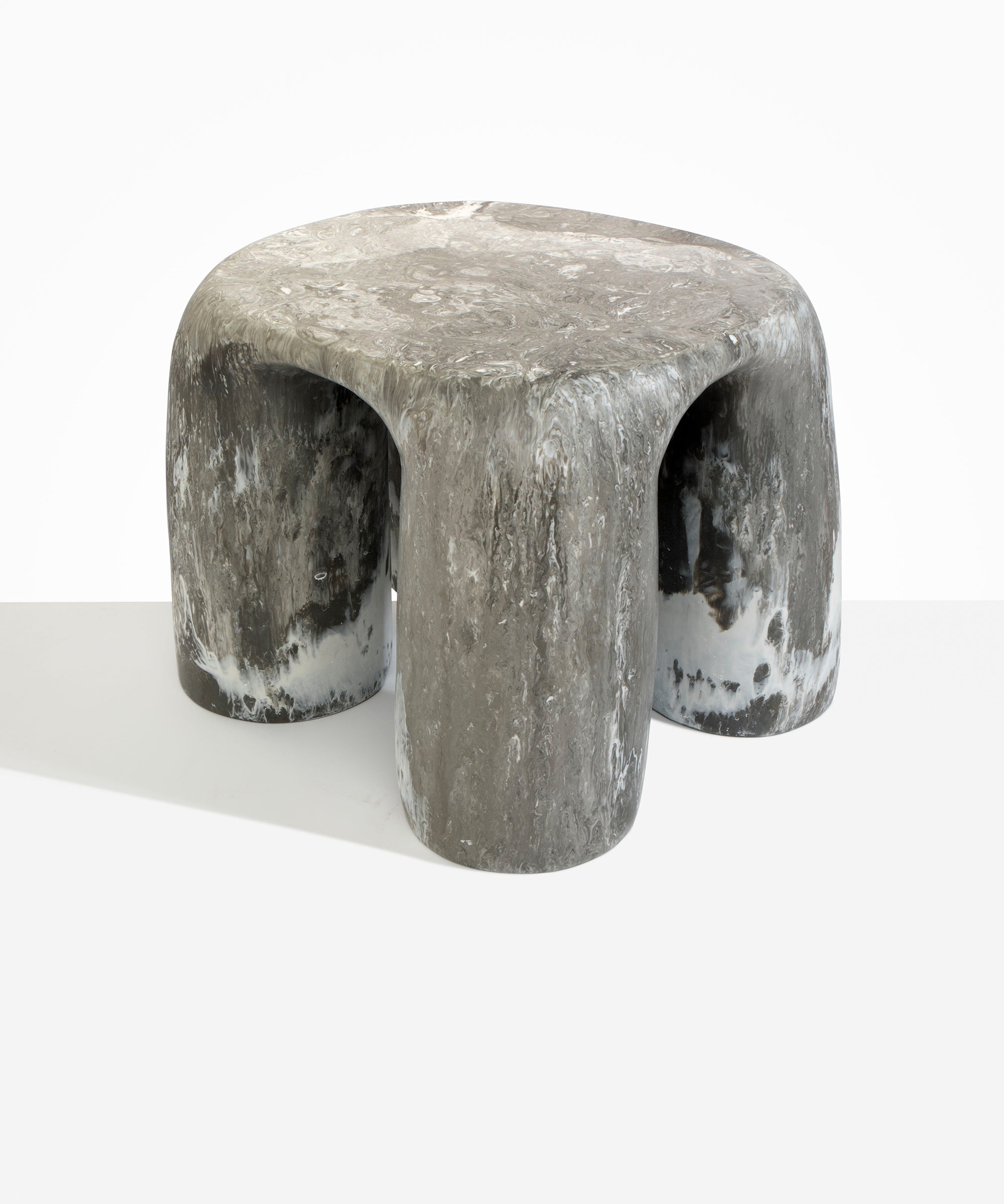 Dinosaur Designs 4-Leg Rock Tower Table in Granite — handcrafted marbled grey and white resin side table with square top and four chunky rounded legs..