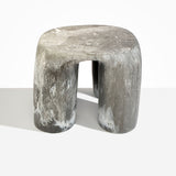 Dinosaur Designs 4-Leg Rock Tower Table in Granite — handcrafted marbled grey and white resin side table with square top and four chunky rounded legs..