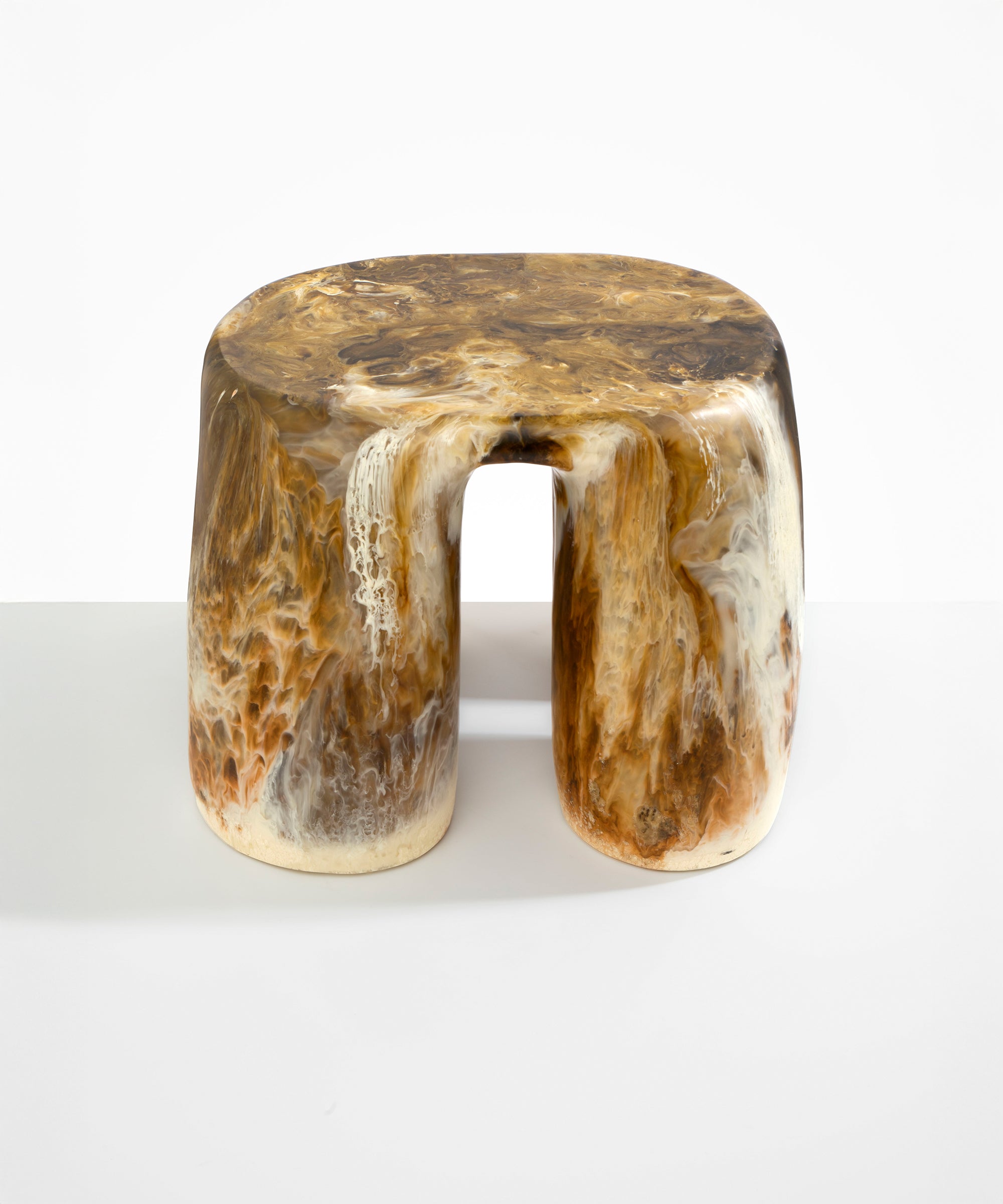 Dinosaur Designs 4-Leg Rock Tower Table in Light Horn — handcrafted marbled brown, cream and clear resin side table with square top and four chunky rounded legs
