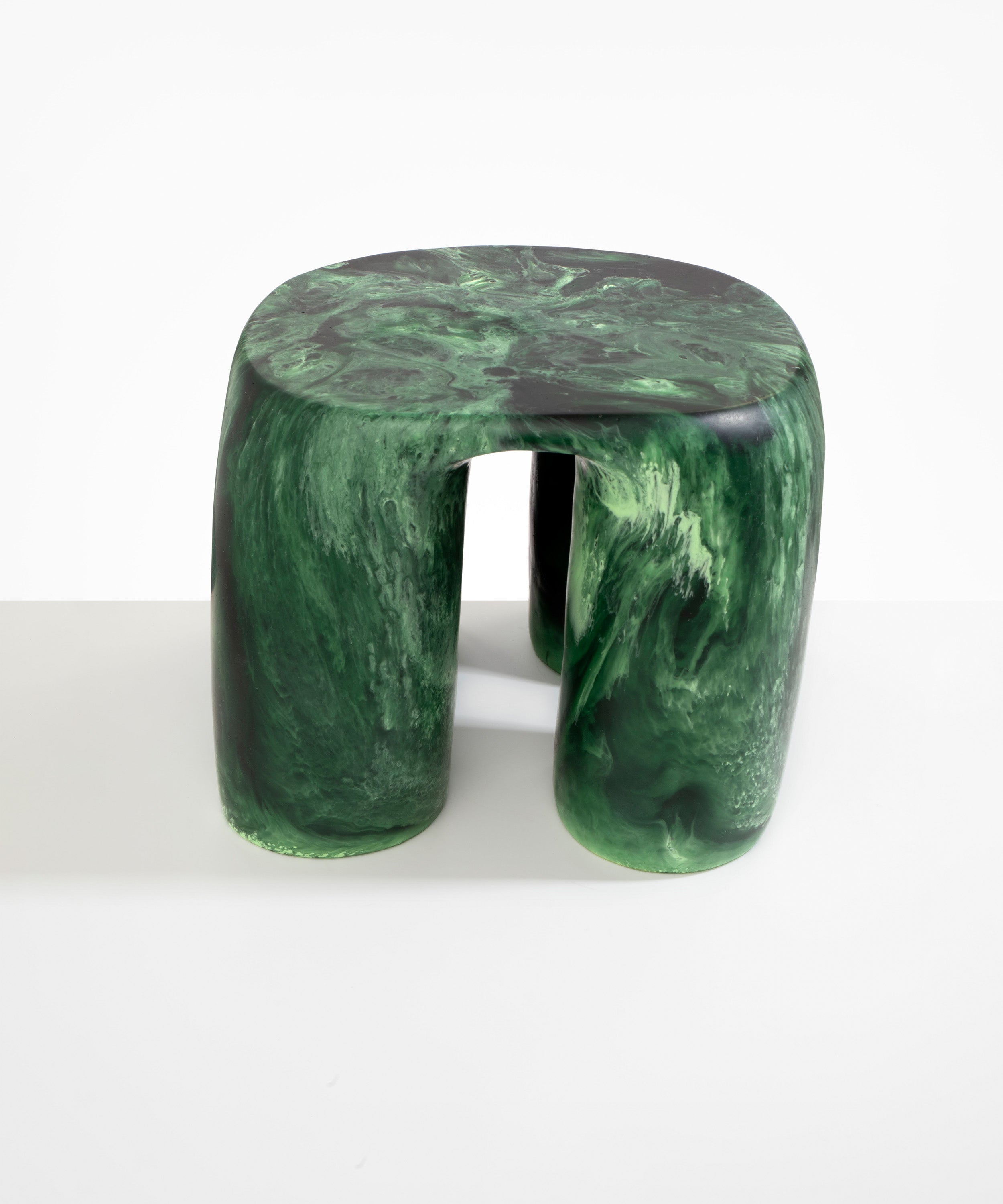 Dinosaur Designs 4-Leg Rock Tower Table in Moss — handcrafted marbled green resin side table with square top and four chunky rounded legs