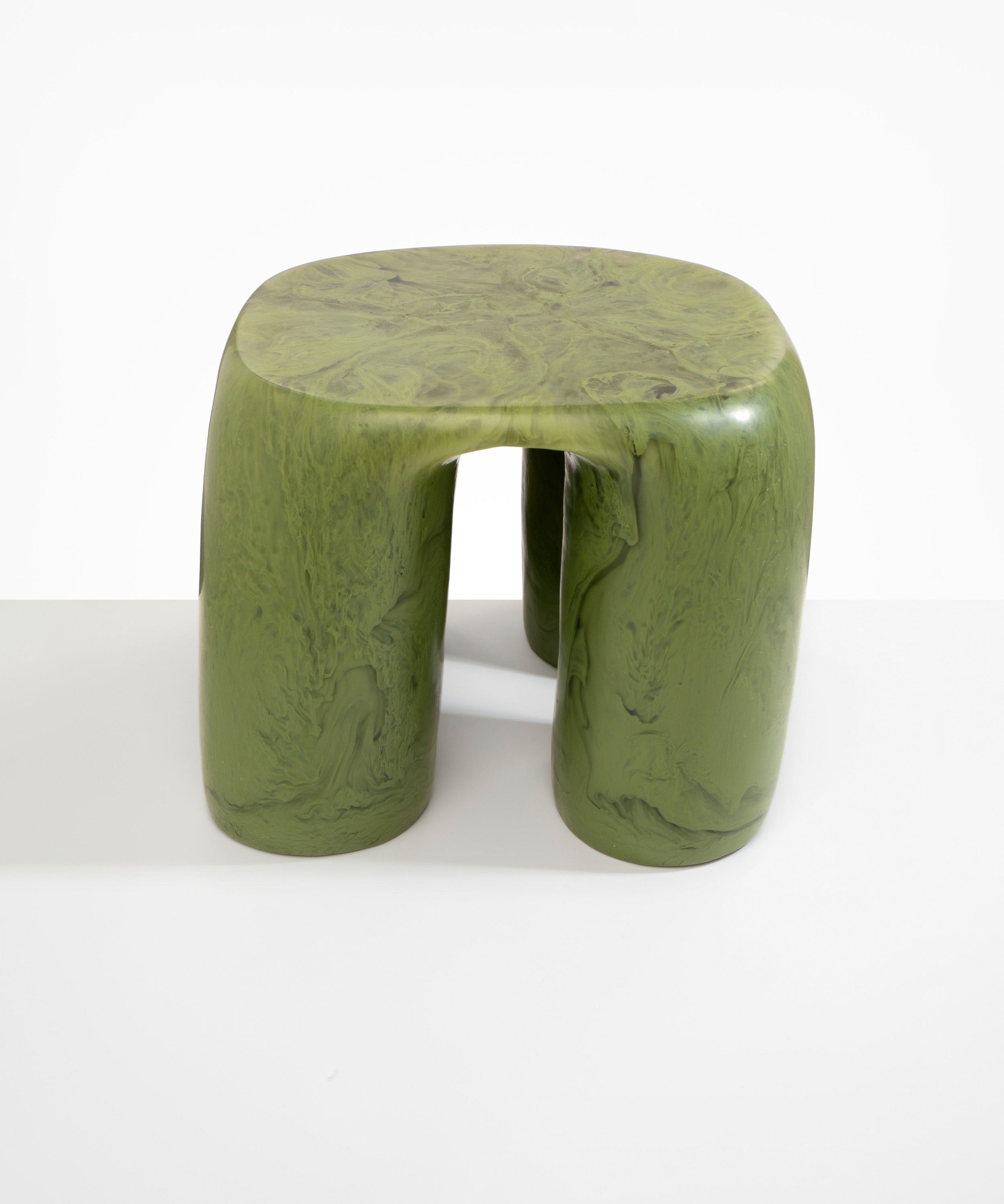 Dinosaur Designs 4-Leg Rock Tower Table in Olive — handcrafted marbled green resin side table with square top and four chunky rounded legs