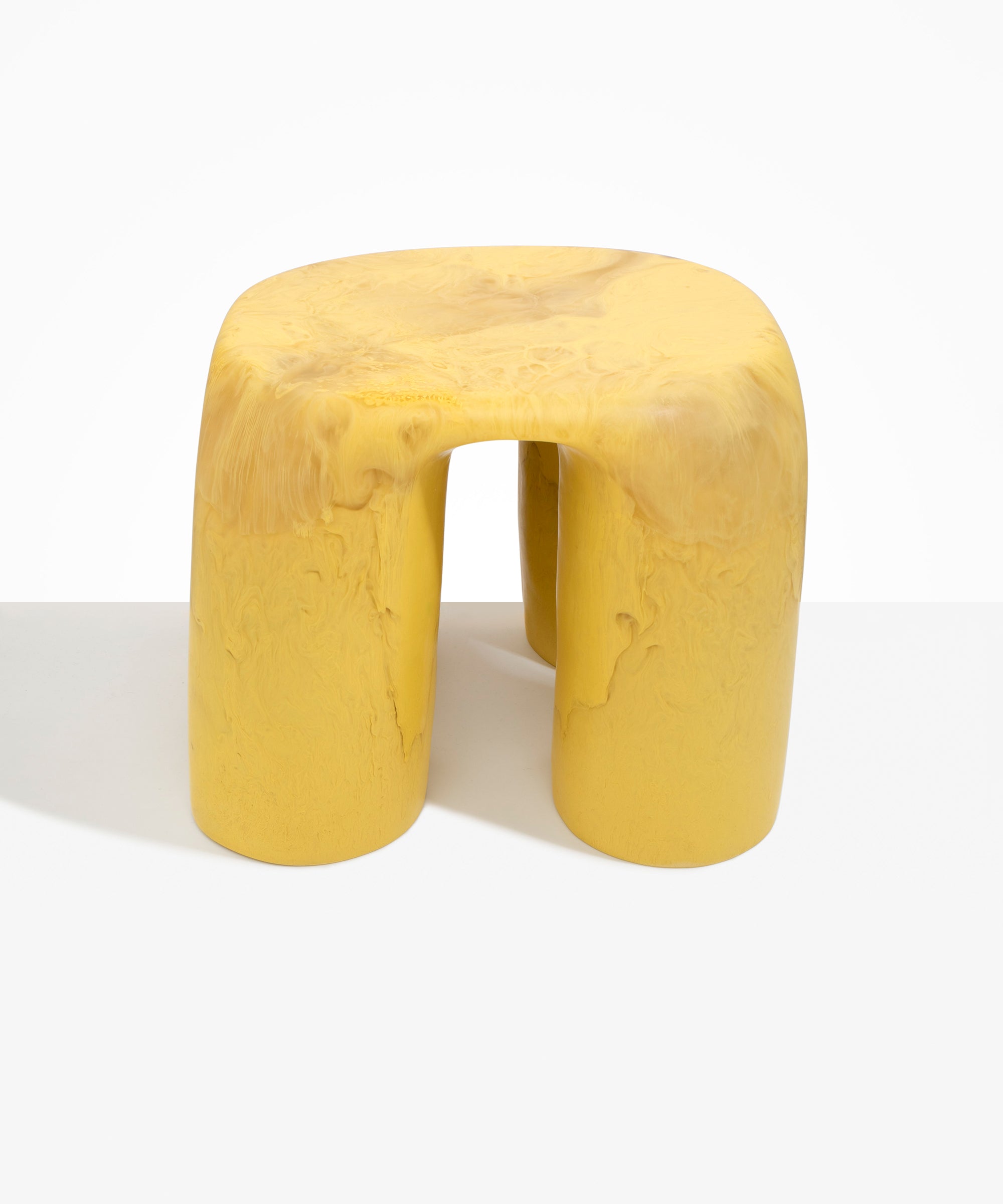 Dinosaur Designs 4-Leg Rock Tower Table in Pollen — handcrafted marbled yellow and clear resin side table with square top and four chunky rounded legs