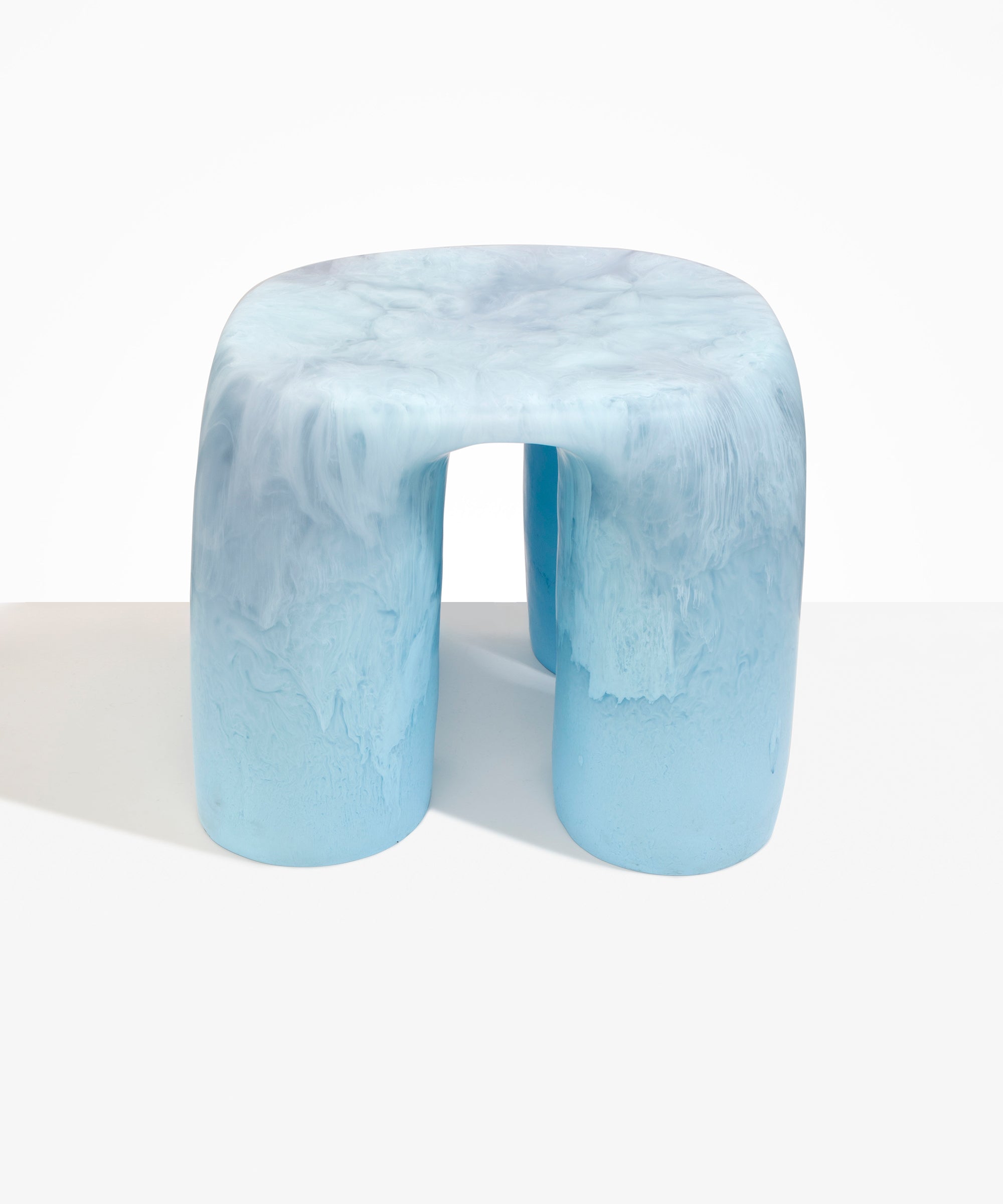 Dinosaur Designs 4-Leg Rock Tower Table in Pool — handcrafted marbled blue and clear resin side table with square top and four chunky rounded legs