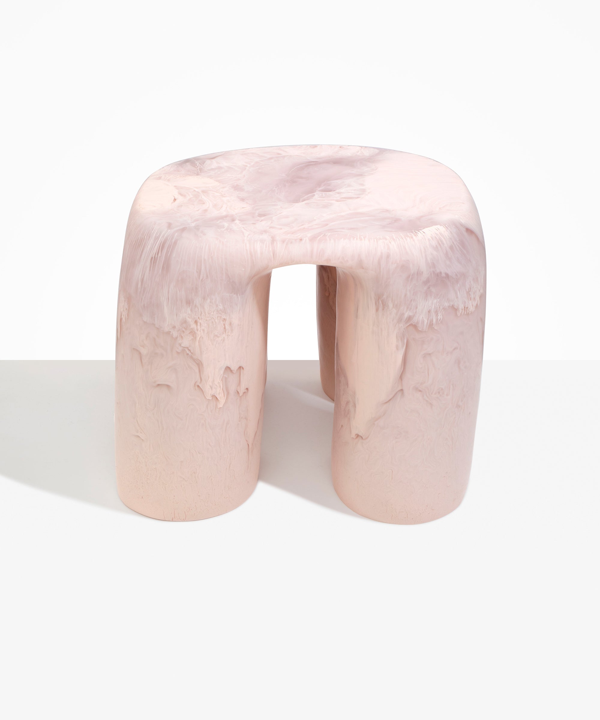 Dinosaur Designs 4-Leg Rock Tower Table in Rose Swirl — handcrafted marbled pink resin side table with square top and four chunky rounded legs