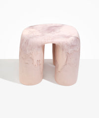 Dinosaur Designs 4-Leg Rock Tower Table in Rose Swirl — handcrafted marbled pink resin side table with square top and four chunky rounded legs..