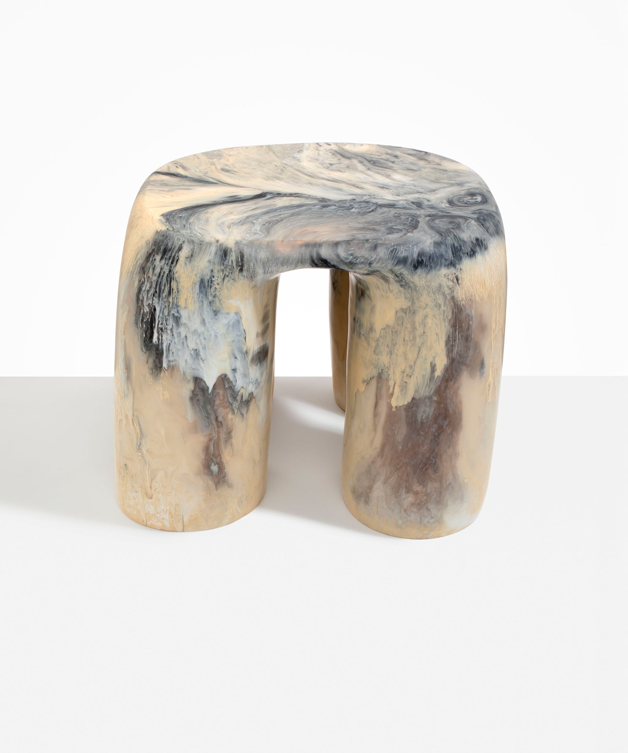 Dinosaur Designs 4-Leg Rock Tower Table in Sandy Pearl — handcrafted marbled beige, grey and pearlescent side table with square top and four chunky rounded legs