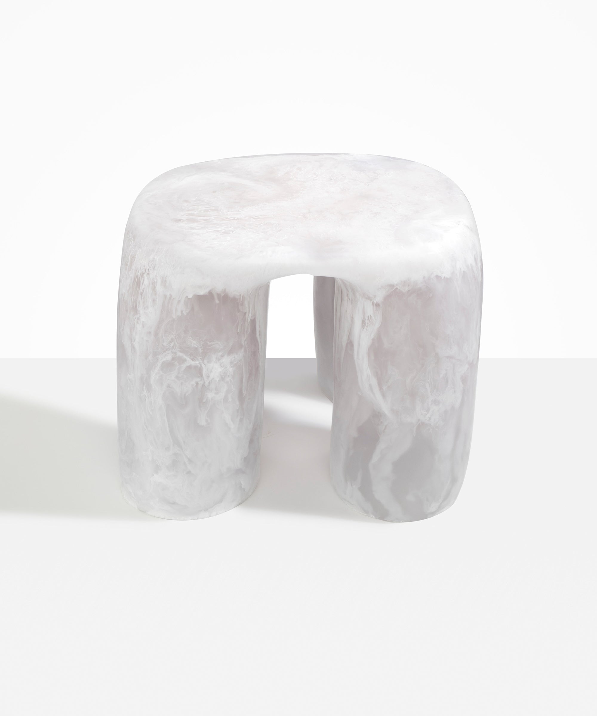 Dinosaur Designs 4-Leg Rock Tower Table in Snow Swirl — handcrafted marbled white and clear resin side table with square top and four chunky rounded legs