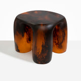 Dinosaur Designs 4-Leg Rock Tower Table in Tortoise — handcrafted marbled amber and black resin side table with square top and four chunky rounded legs..