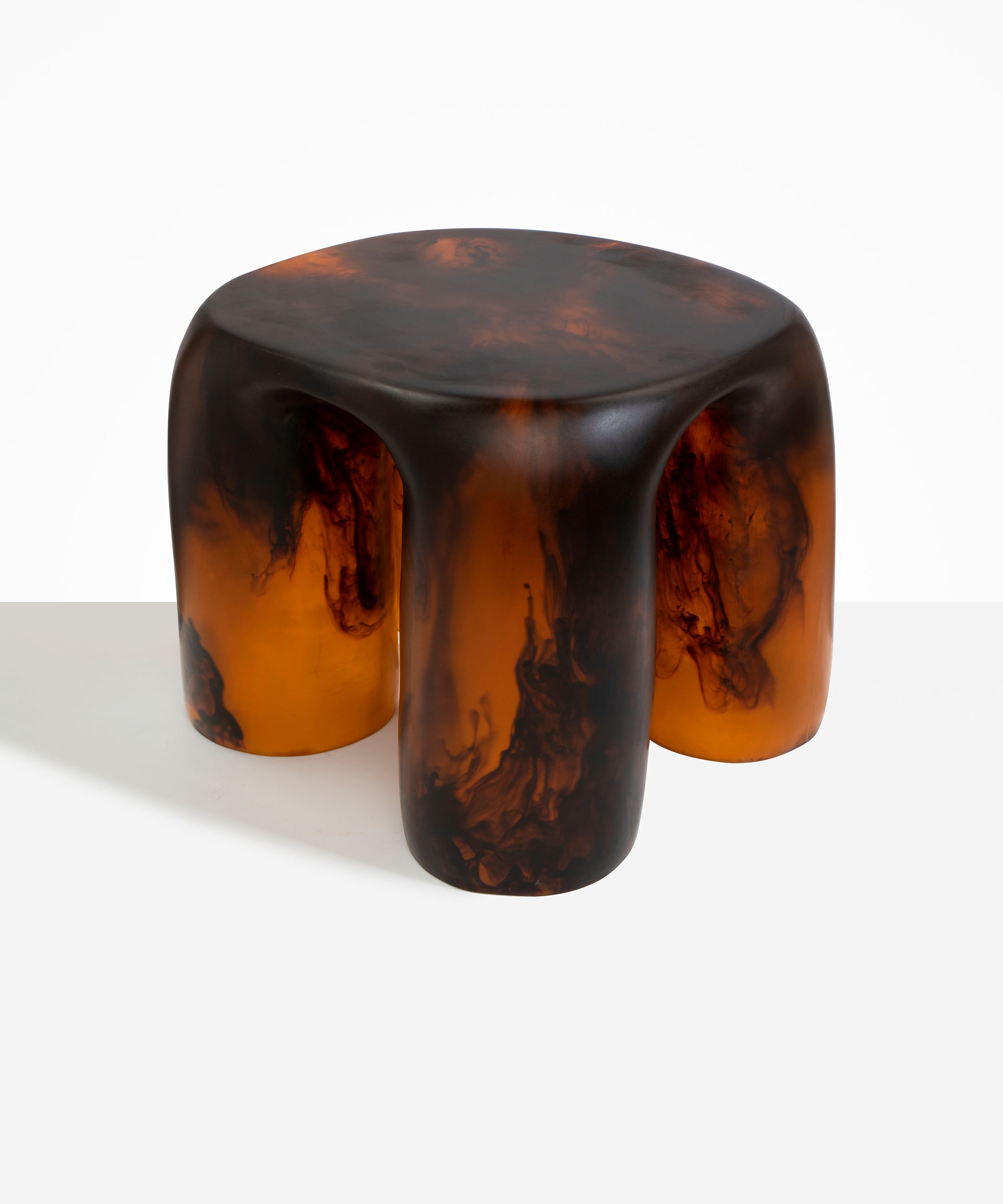 Dinosaur Designs 4-Leg Rock Tower Table in Tortoise — handcrafted marbled amber and black resin side table with square top and four chunky rounded legs..
