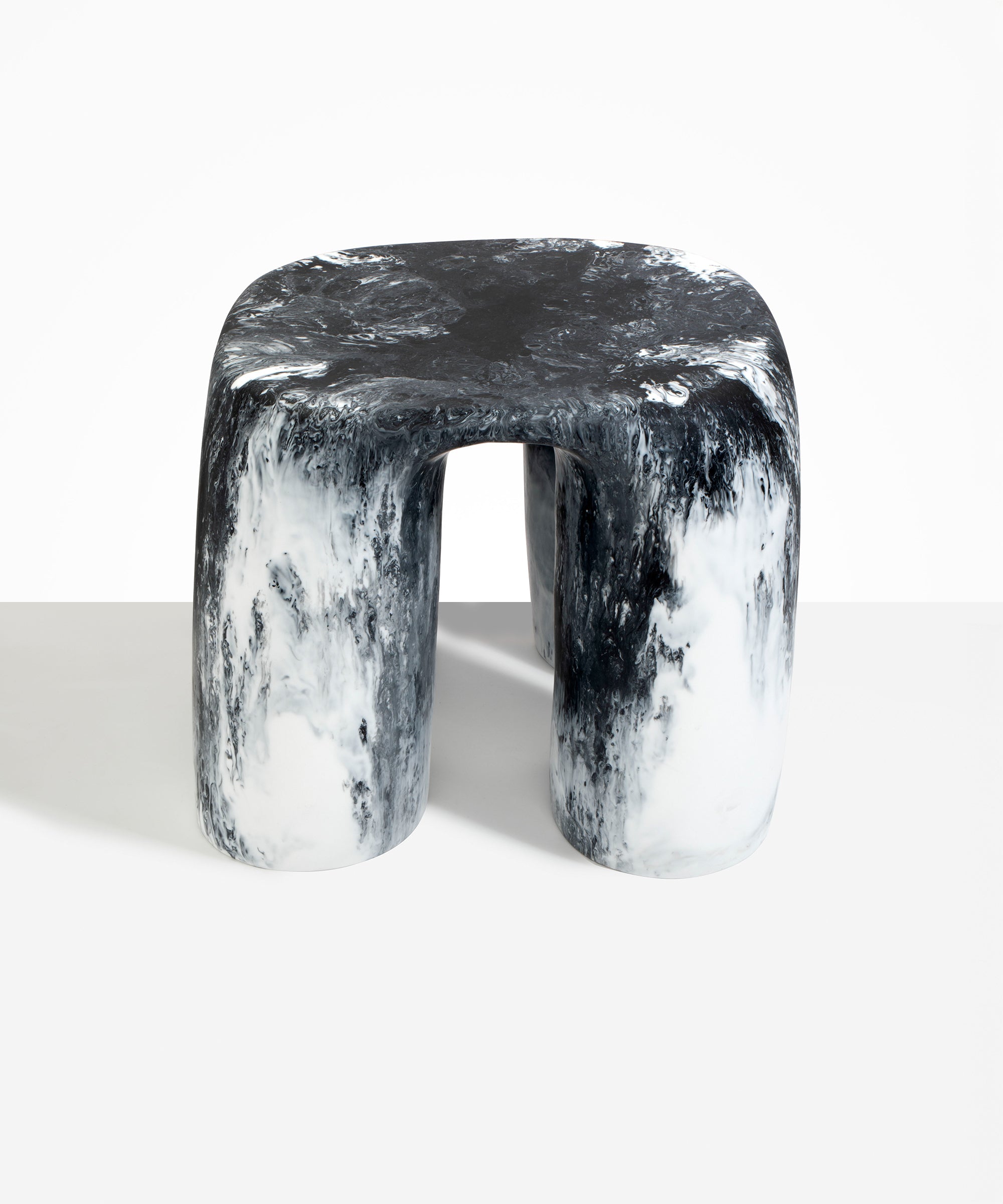 Dinosaur Designs 4-Leg Rock Tower Table in White Marble — handcrafted marbled white and black resin side table with square top and four chunky rounded legs