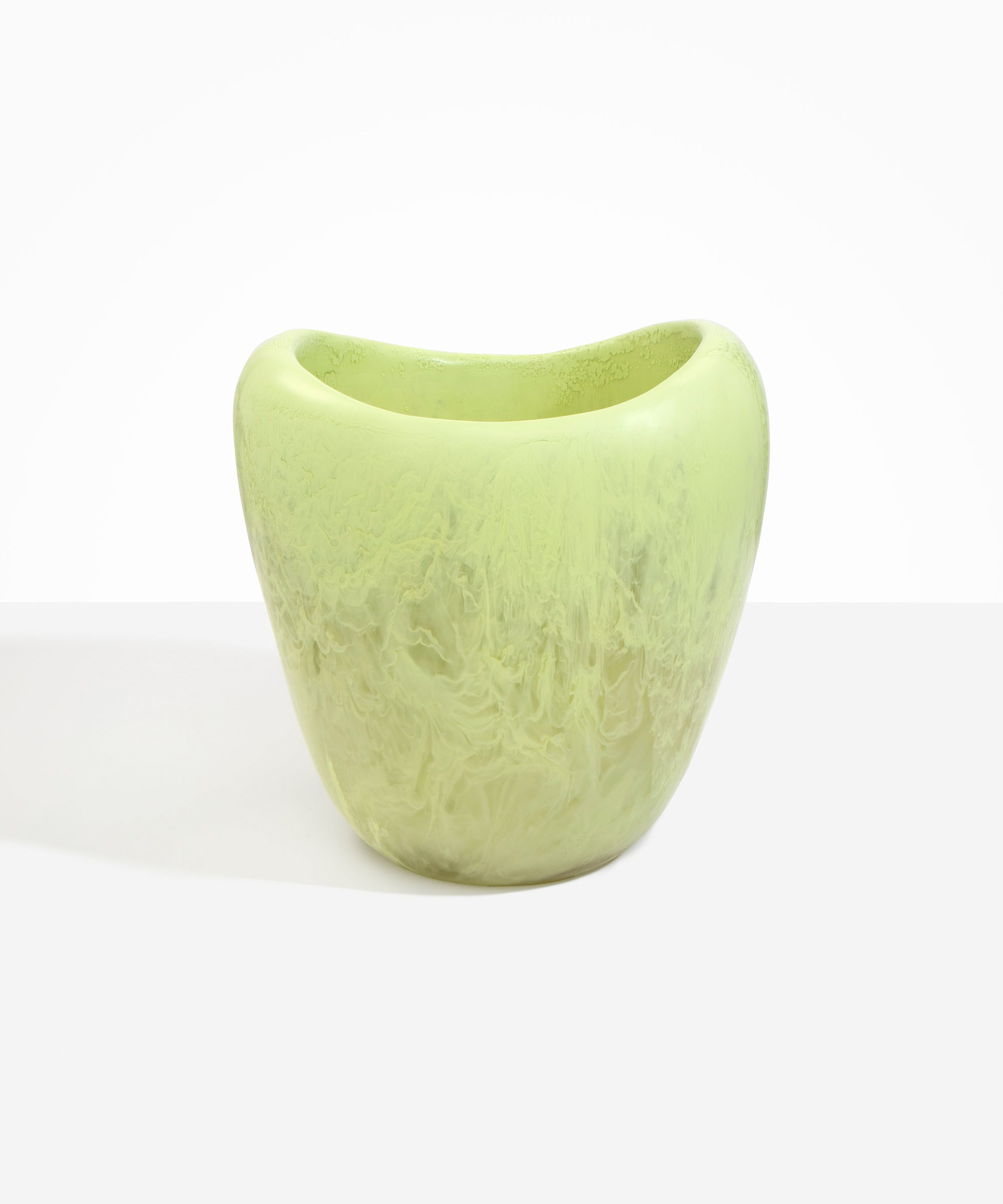 Dinosaur Designs Large Beetle Vase in Pistachio — handcrafted marbled pastel green resin vase with wide rounded body and sculpted open petal-shaped rim