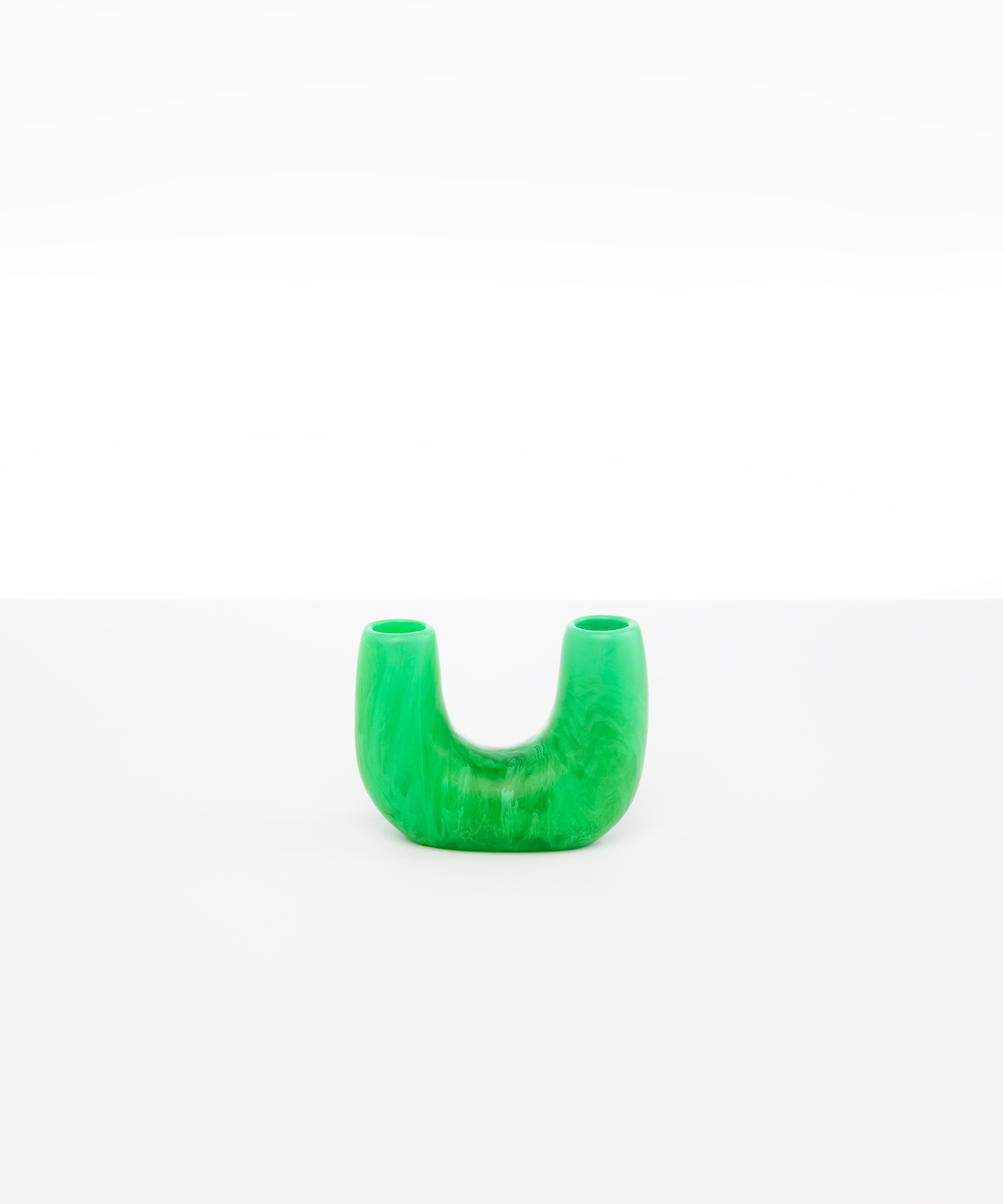 Dinosaur Designs Mini Branch Vase in Leaf — marbled green resin decorative vase with chunky U-shaped arch form and twin openings