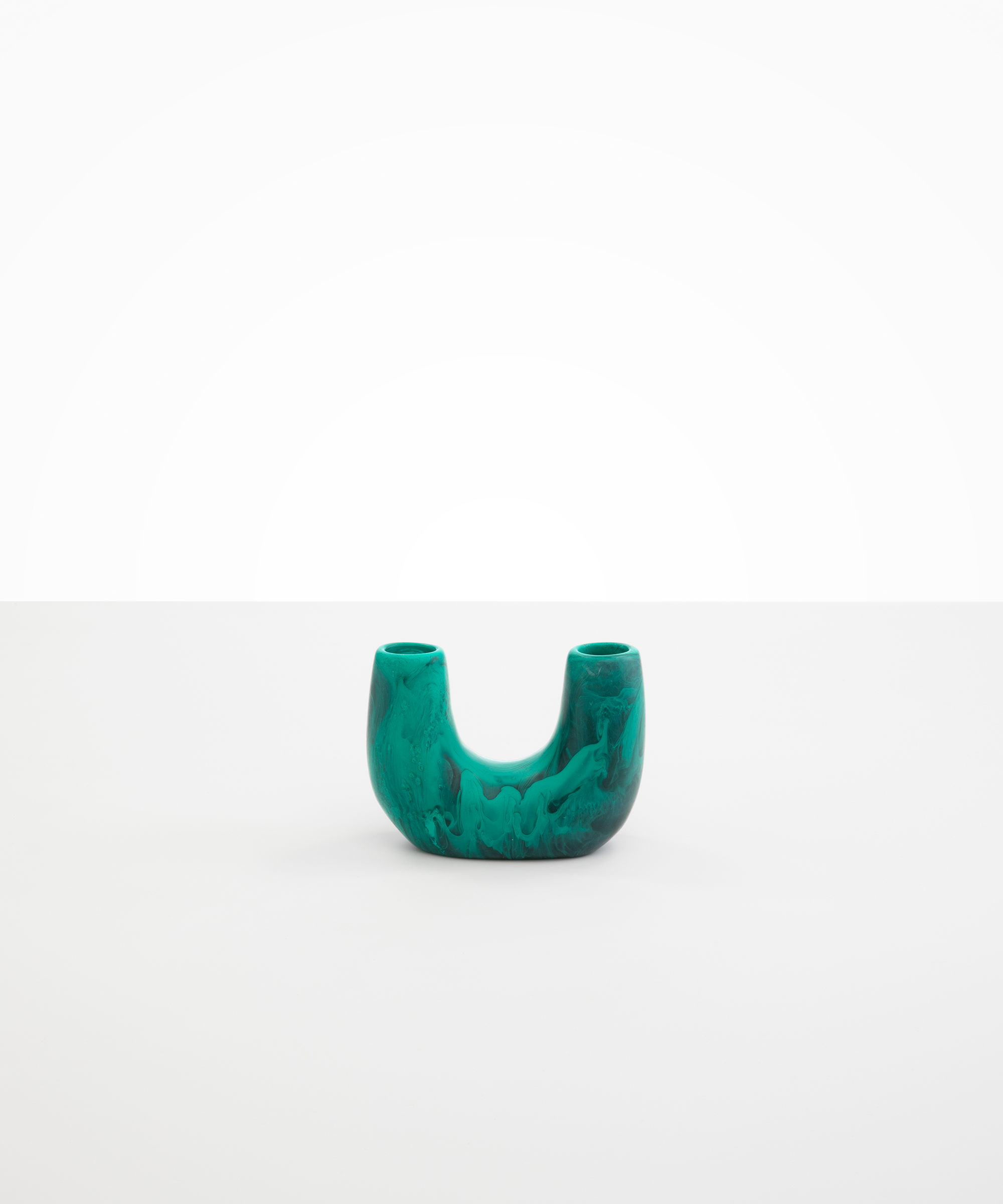 Dinosaur Designs Mini Branch Vase in Mineral Swirl —  marbled teal green resin decorative vase with chunky U-shaped arch form and twin openings