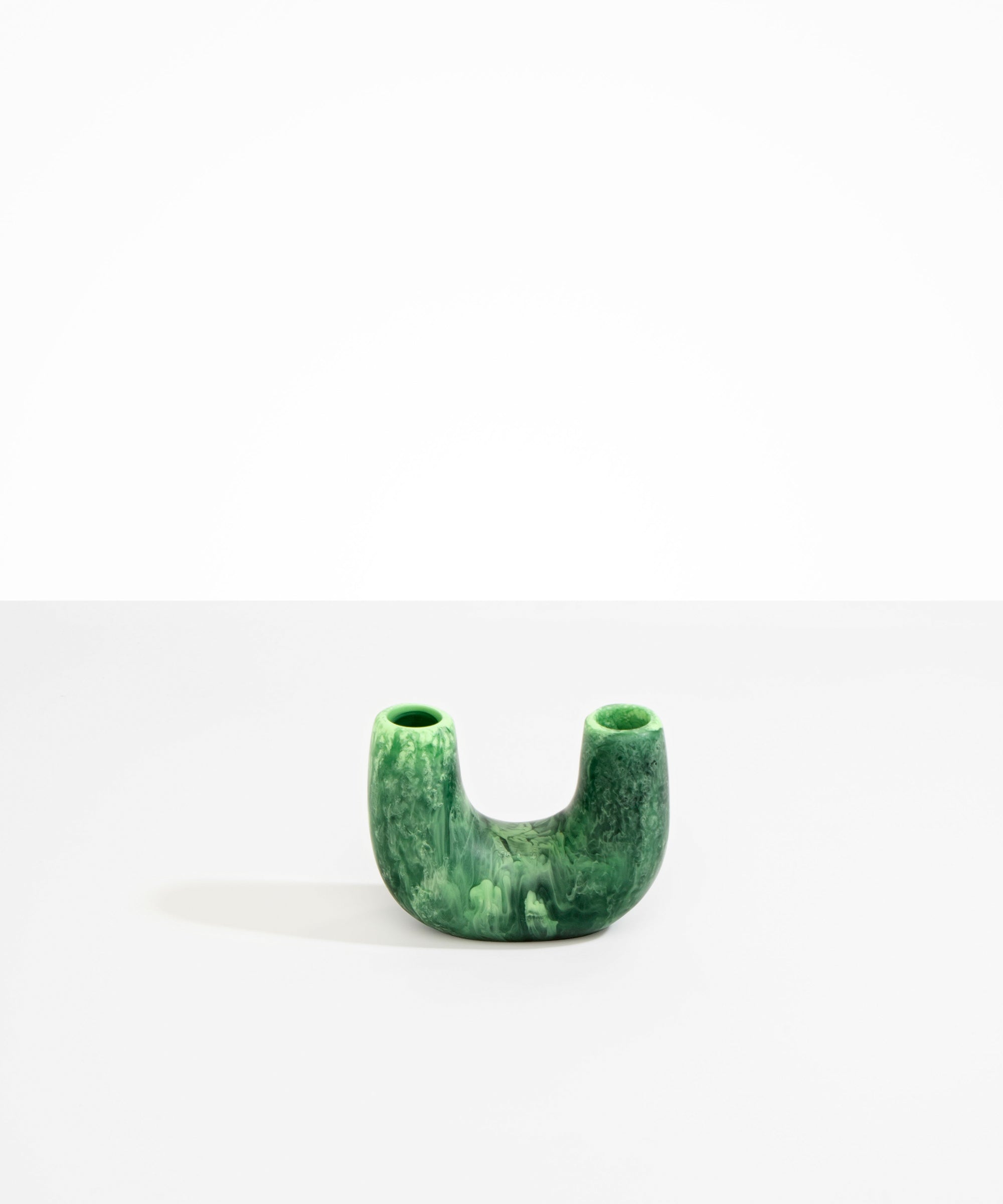 Dinosaur Designs Mini Branch Vase in Moss —  marbled green resin decorative vase with chunky U-shaped arch form and twin openings